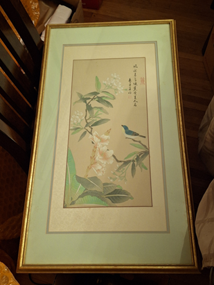Antique Japanese Kachō-E Hanging Scroll Painting Blue Flycatcher Jasmine Meiji Era Framed 1890-1920