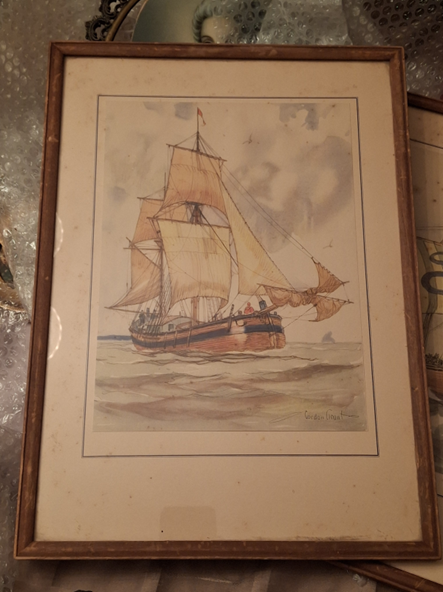 Vintage Original Signed Watercolor Painting of Sailing Ship at Sea by Gordon Grant (1875-1962) Maritime Nautical Art Framed