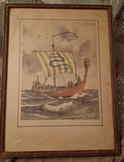 Original 1935 Gordon Grant "The Viking Long Ship" Signed Watercolor Painting, Framed Nautical Art