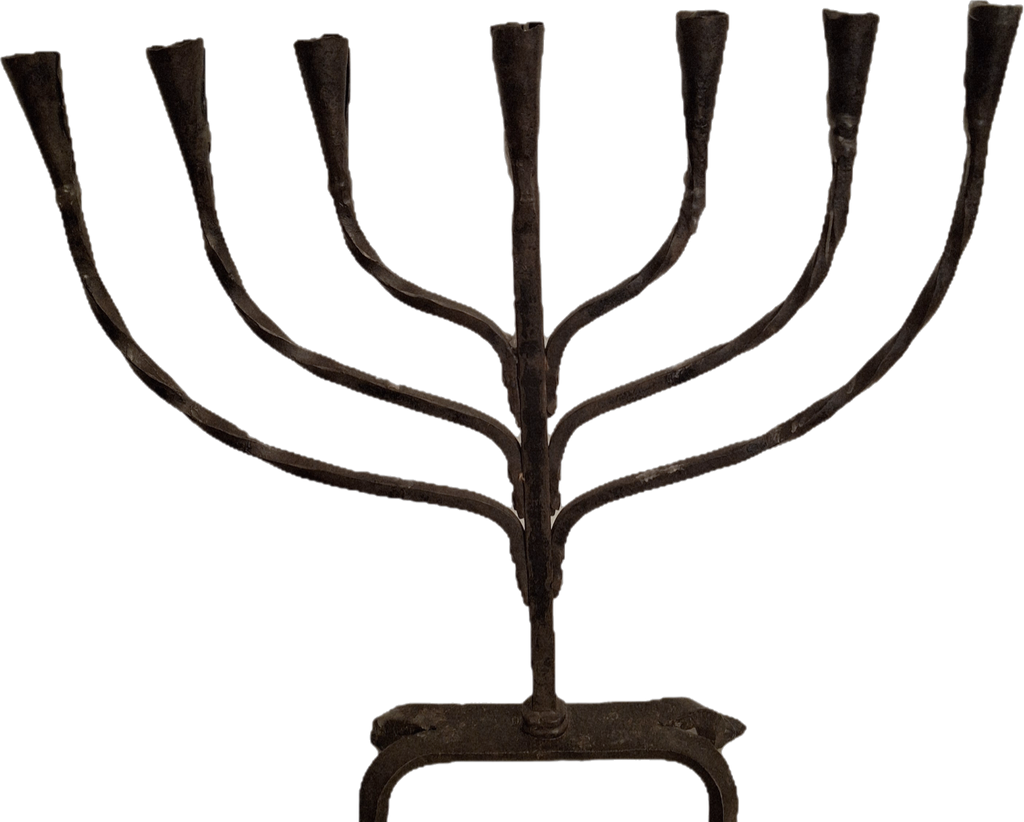 Massive Sized Rare Circa 1680 European Hand-Wrought Iron 7-Branch Temple Menorah, Primitive Cone-Shaped Holders, Antique Judaica Candelabra