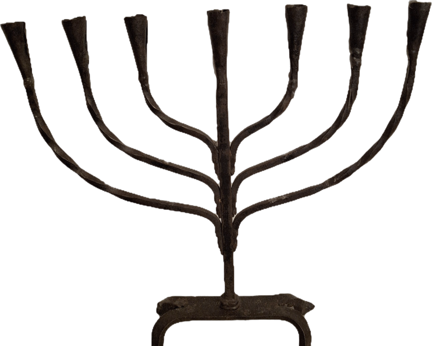 Massive Sized Rare Circa 1680 European Hand-Wrought Iron 7-Branch Temple Menorah, Primitive Cone-Shaped Holders, Antique Judaica Candelabra