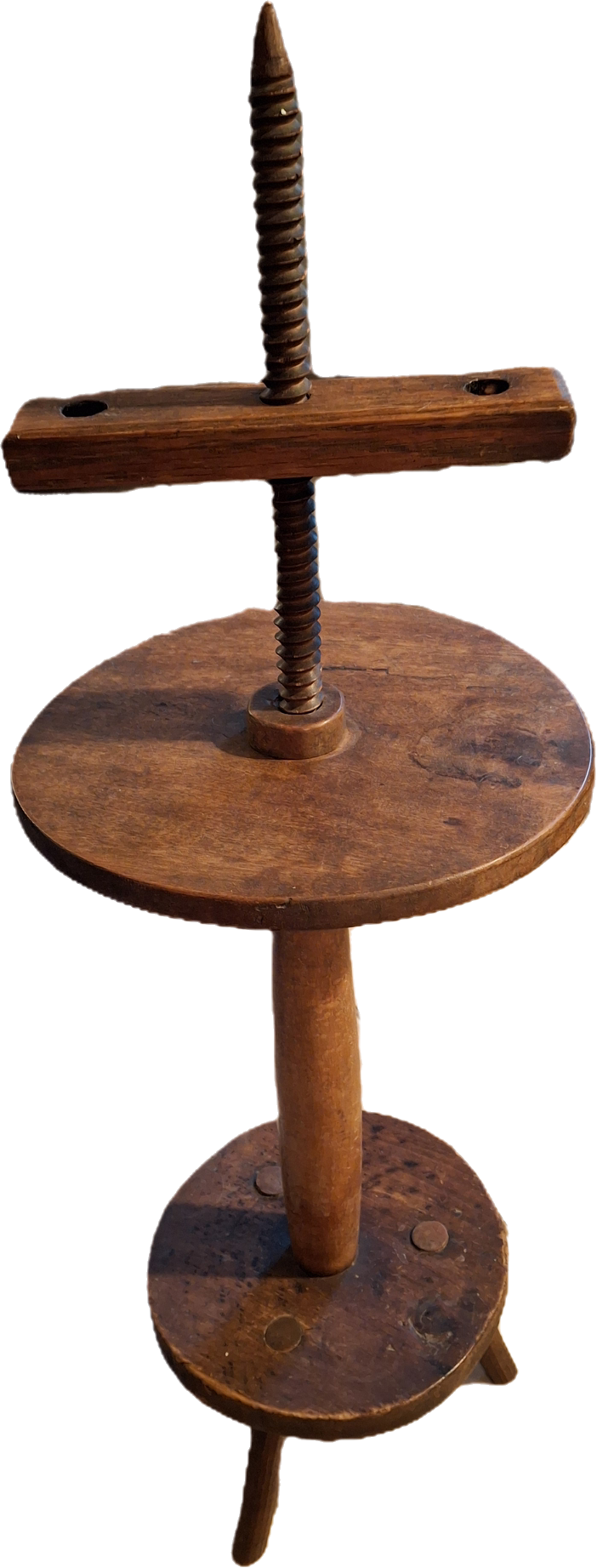 Rare Late 17th to Mid 18th C American Primitive Adjustable Double-Arm Wooden Tripod Candle Stand, Swivel Screw-Post Floor Standing- New England