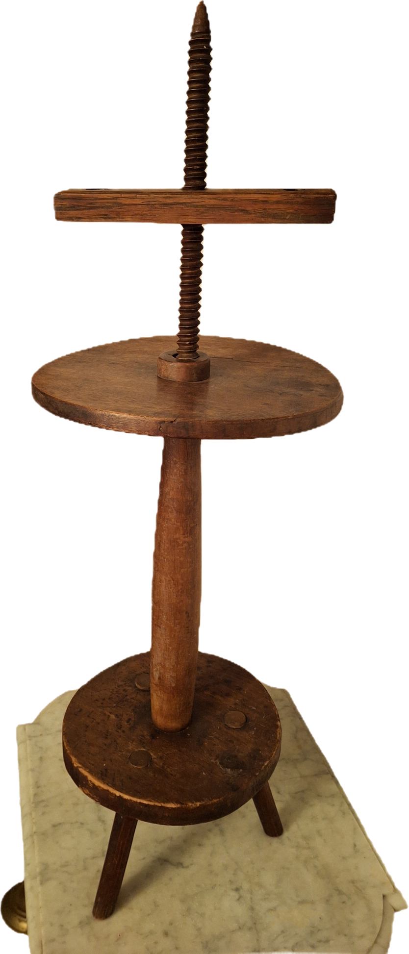 Rare Late 17th to Mid 18th C American Primitive Adjustable Double-Arm Wooden Tripod Candle Stand, Swivel Screw-Post Floor Standing- New England