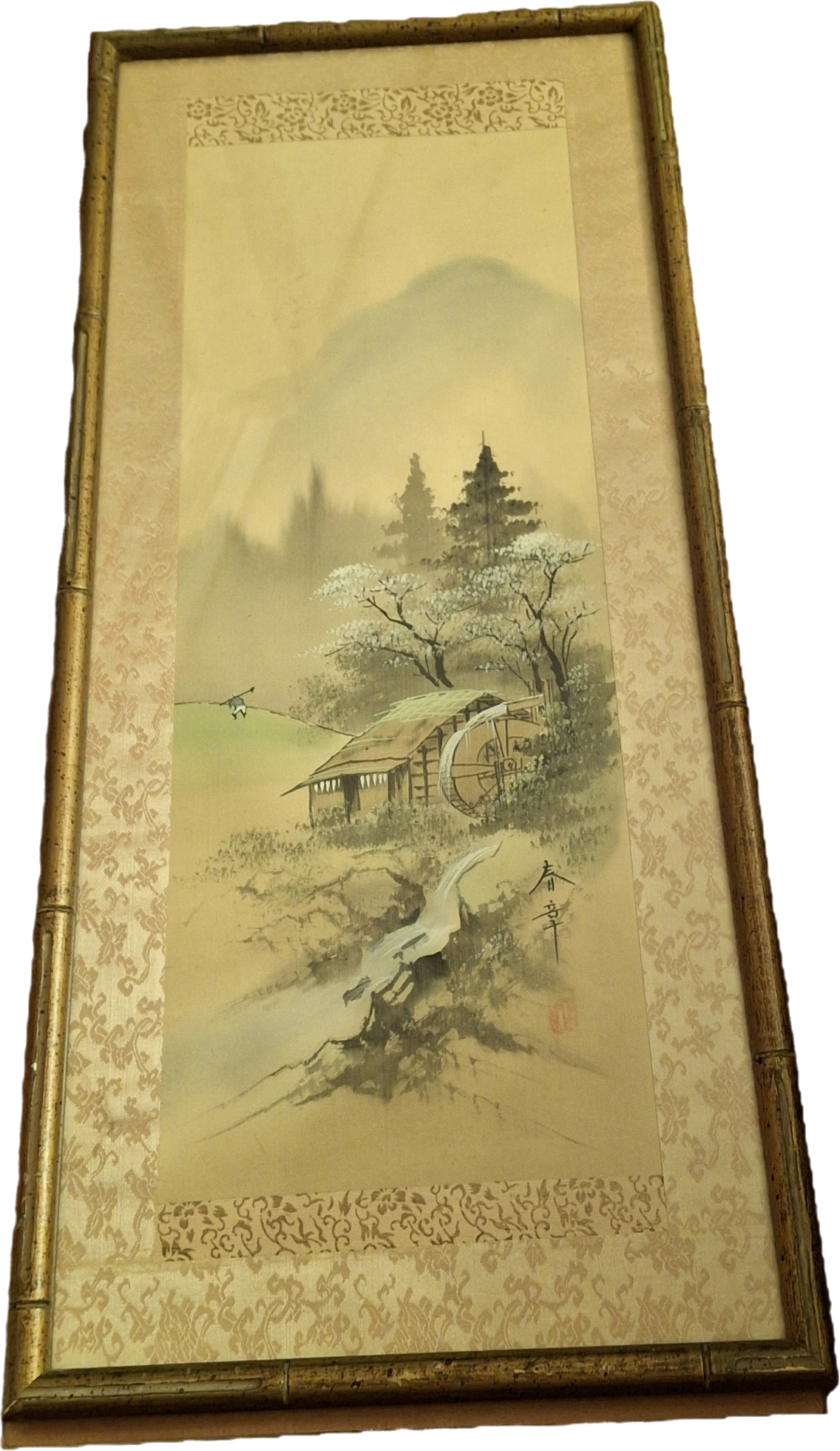 Complete Set of 4 Framed Japanese Sumi-e paintings; Spring, Summer, Winter, Autumn Landscapes, early 20th c.