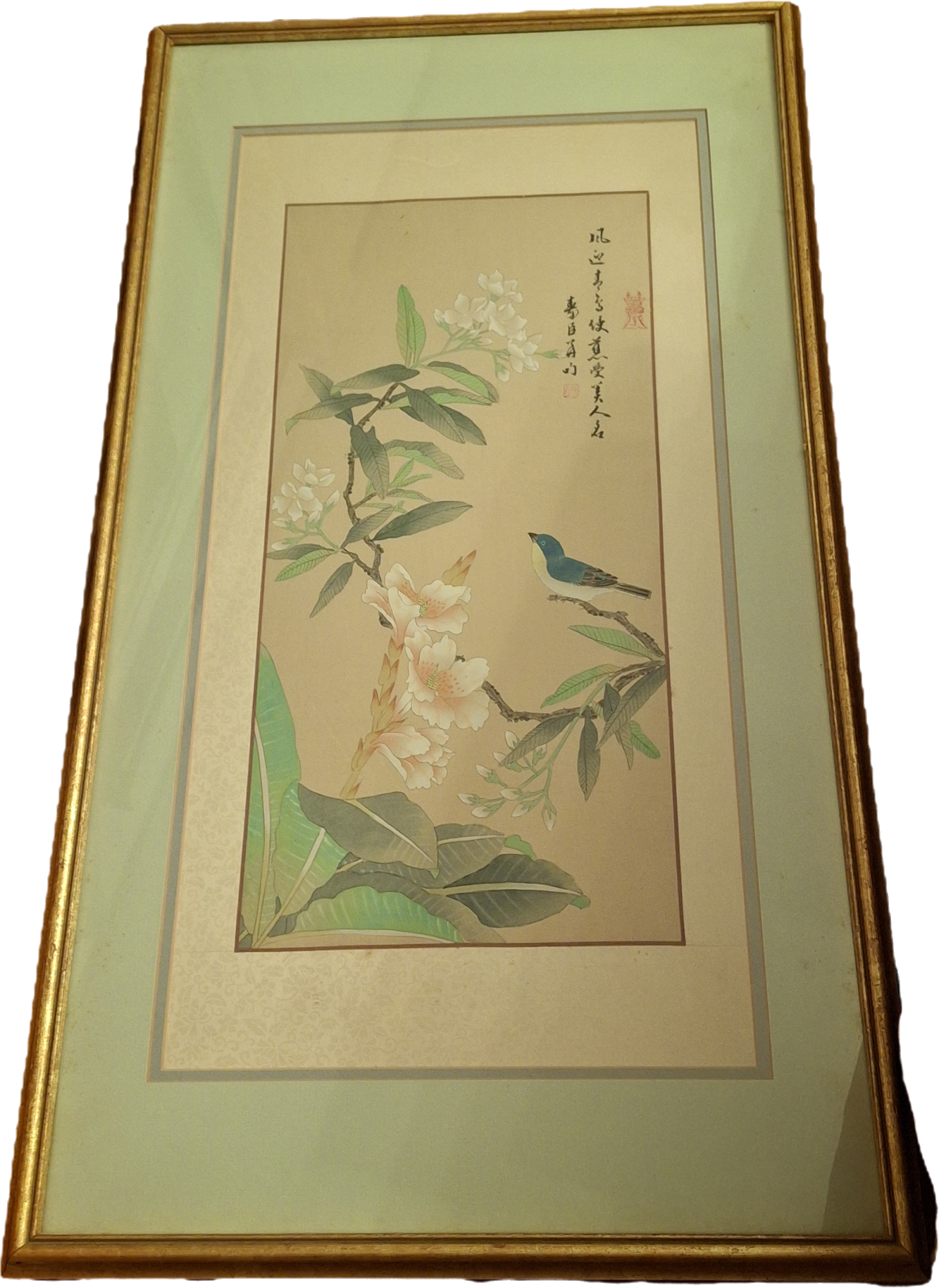 Antique 1885 Meiji-Era Japanese Kacho-e Silk Hanging Scroll: Blue Bird & Gardenia Flowers, Orchid Snow Studio Inscription, Provenance