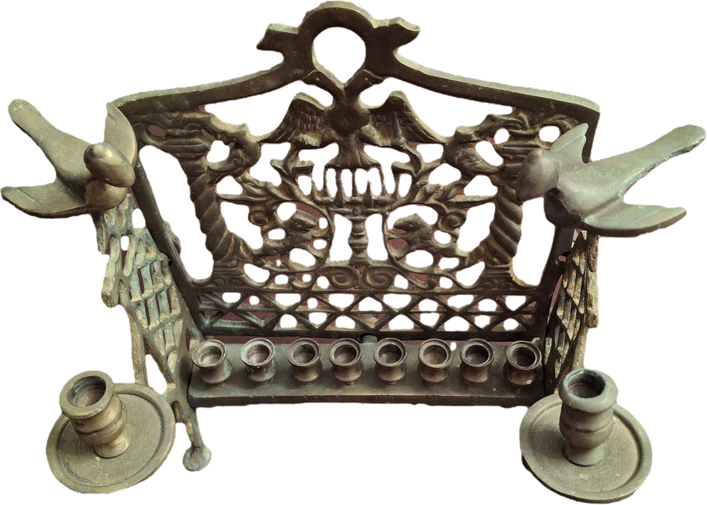 Vintage Eastern European Brass Bench-Style Hanukkah Menorah with Double-Headed Eagle, Lions, Birds, Columns, and Shabbat Candlesticks