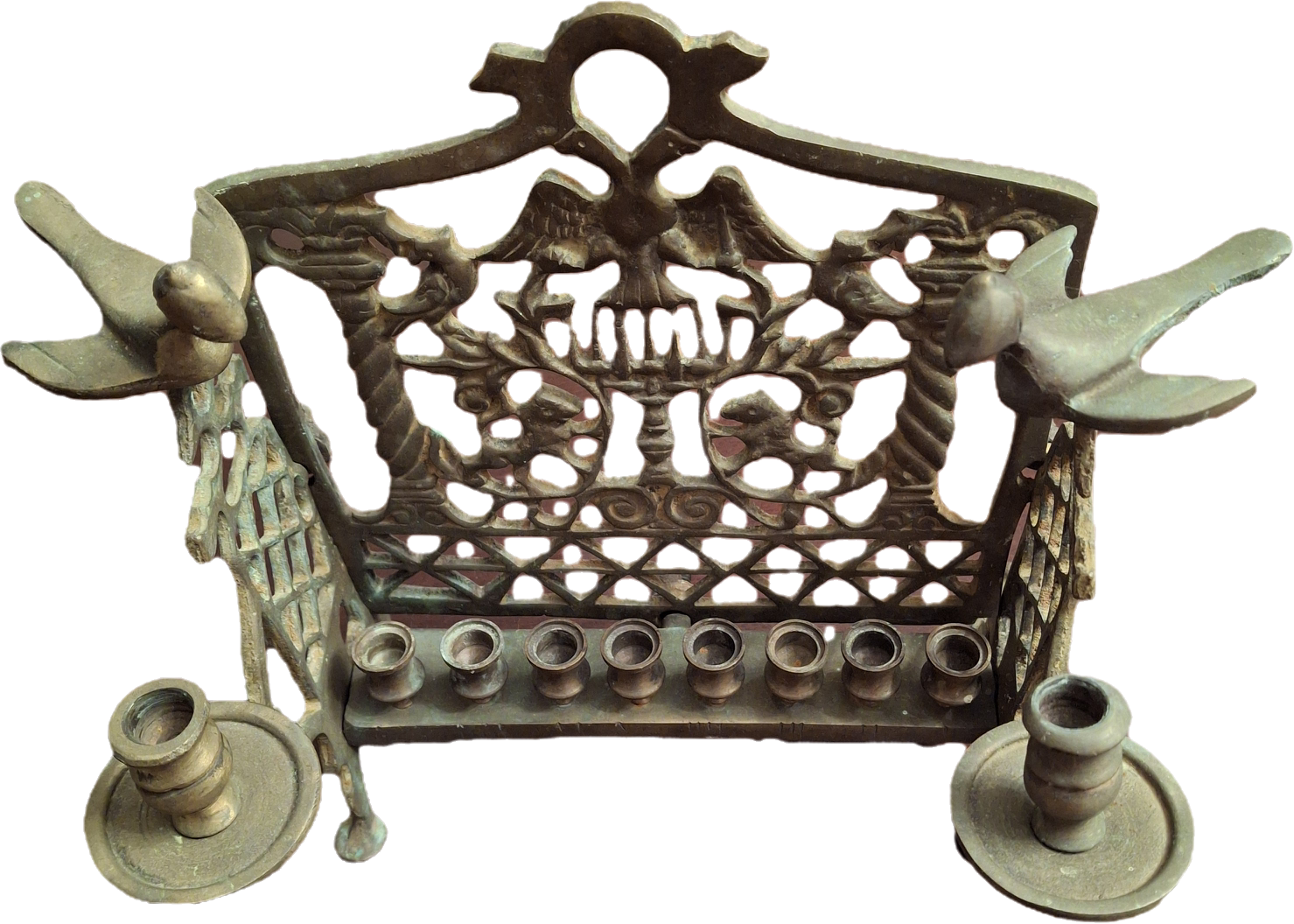 Vintage Eastern European Brass Bench-Style Hanukkah Menorah with Double-Headed Eagle, Lions, Birds, Columns, and Shabbat Candlesticks