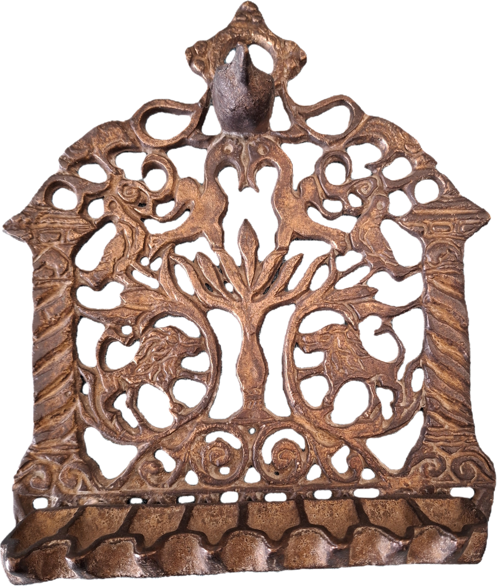 Antique 19th Century Cast Bronze Hanging Hanukkah Menorah - Ornate Eastern European Judaica with Lions, Birds, Columns & Original Patina - Wall Sconce
