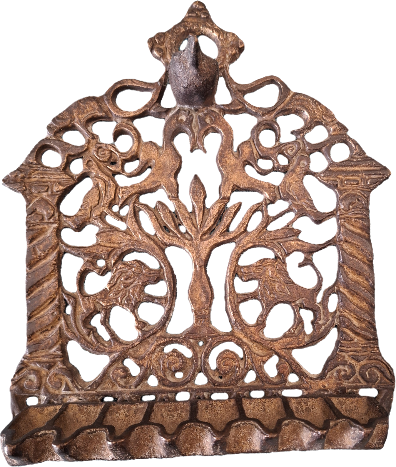 Antique 19th Century Cast Bronze Hanging Hanukkah Menorah - Ornate Eastern European Judaica with Lions, Birds, Columns & Original Patina - Wall Sconce