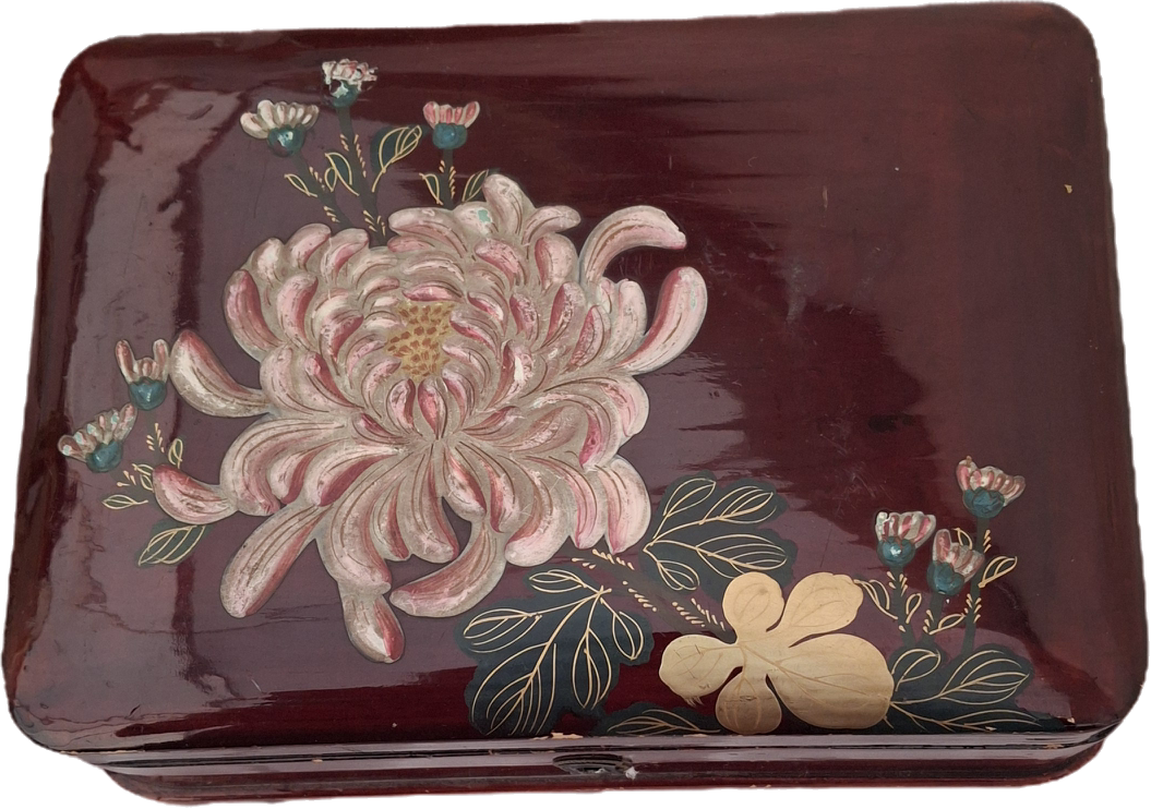 Vintage Japanese Urushi Lacquer Trinket Box with Chrysanthemum Motif, Hinged
