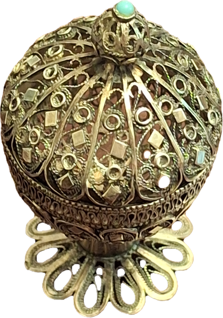 Antique Filigree Silver Besamim Spice Box with Turquoise Stone - 19th Century Judaica