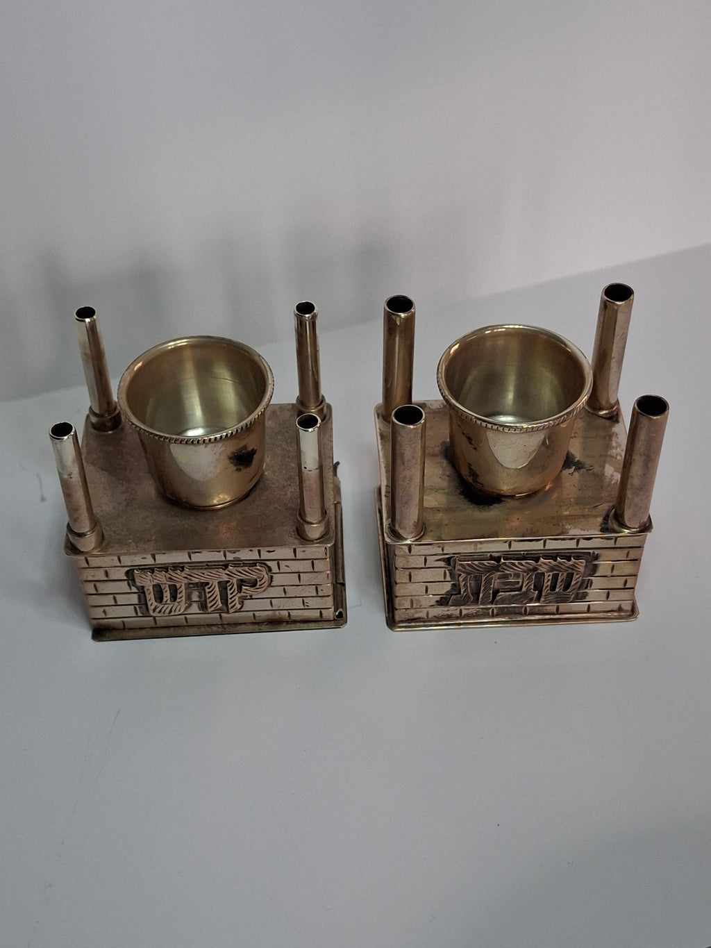 Mid Century 925 Sterling Silver Brick House Travel Full Havdalah Set - Israeli Judaica Besamim, Kiddush Cup & Candle Holder (4.8 oz)