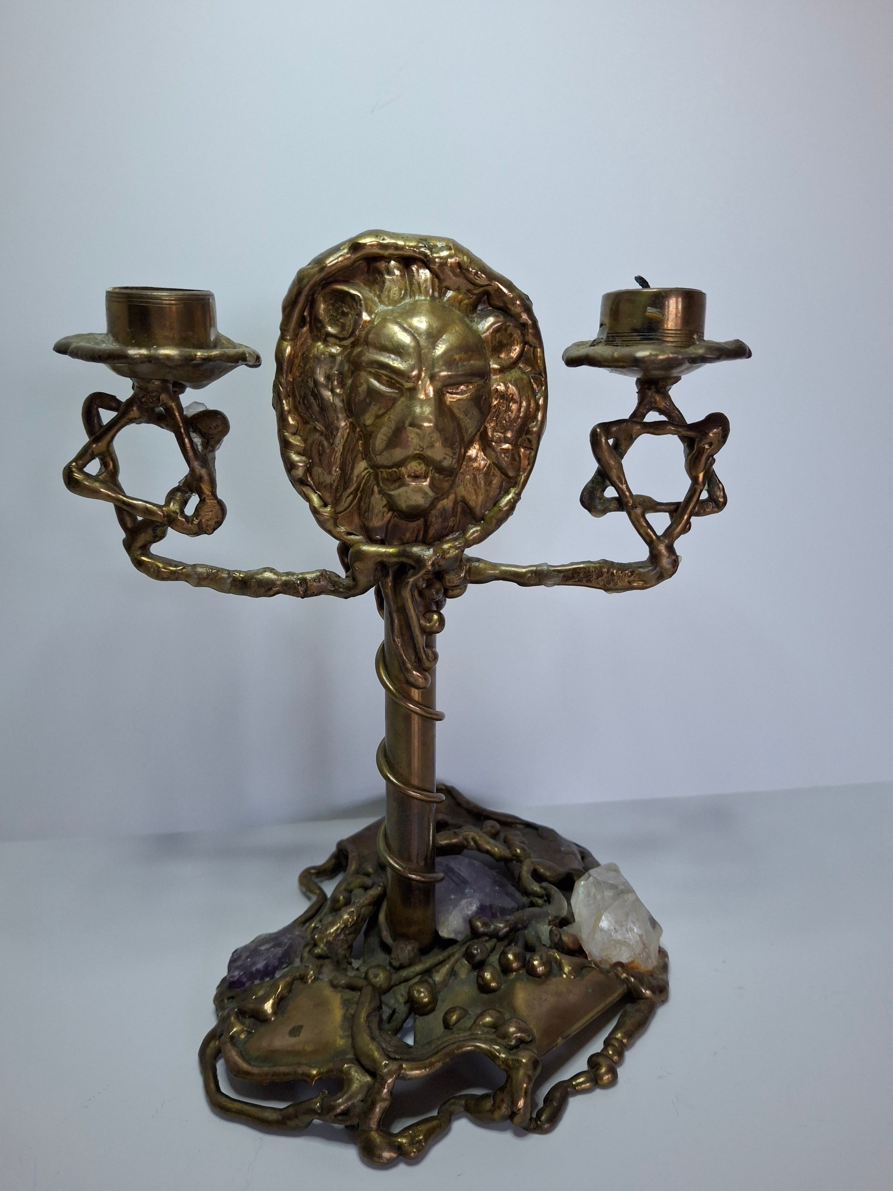Vintage Folk Art Brass Shabbat Candlesticks with Lion Head, Amethyst & Quartz Crystals - Handmade Judaica Menorah, Mid-Century Arts & Crafts Style