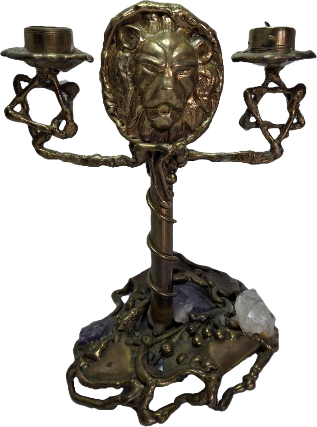 Vintage Folk Art Brass Shabbat Candlesticks with Lion Head, Amethyst & Quartz Crystals - Handmade Judaica Menorah, Mid-Century Arts & Crafts Style
