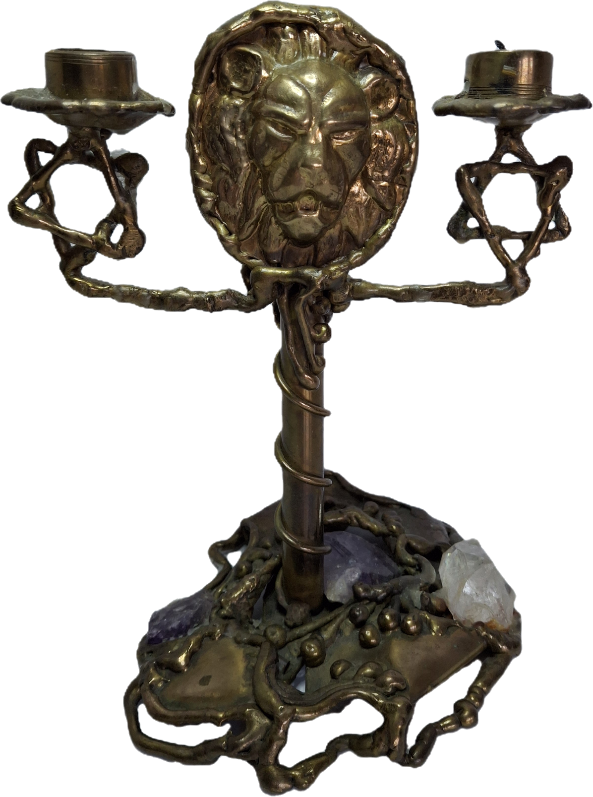 Vintage Folk Art Brass Shabbat Candlesticks with Lion Head, Amethyst & Quartz Crystals - Handmade Judaica Menorah, Mid-Century Arts & Crafts Style