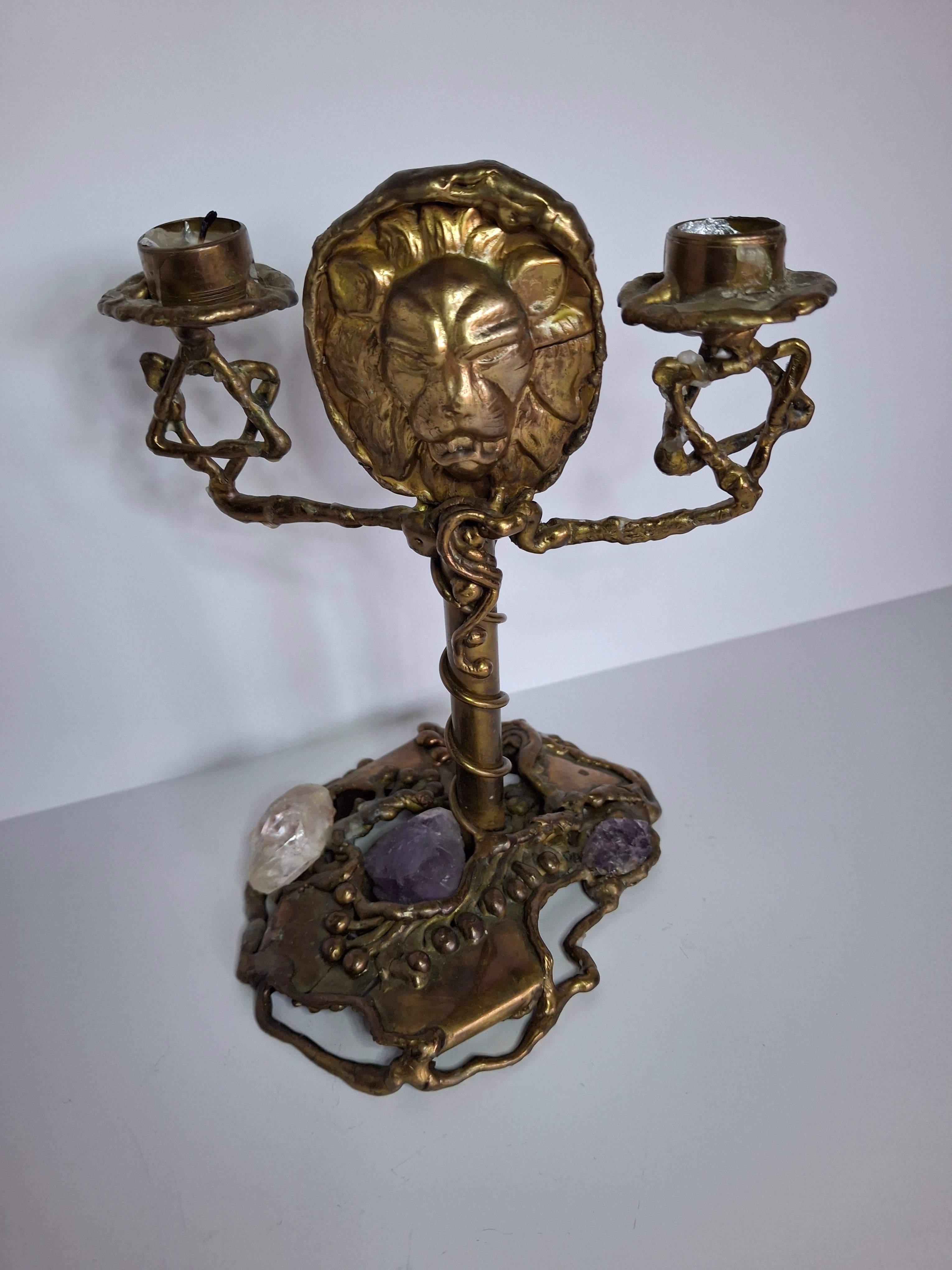 Vintage Folk Art Brass Shabbat Candlesticks with Lion Head, Amethyst & Quartz Crystals - Handmade Judaica Menorah, Mid-Century Arts & Crafts Style