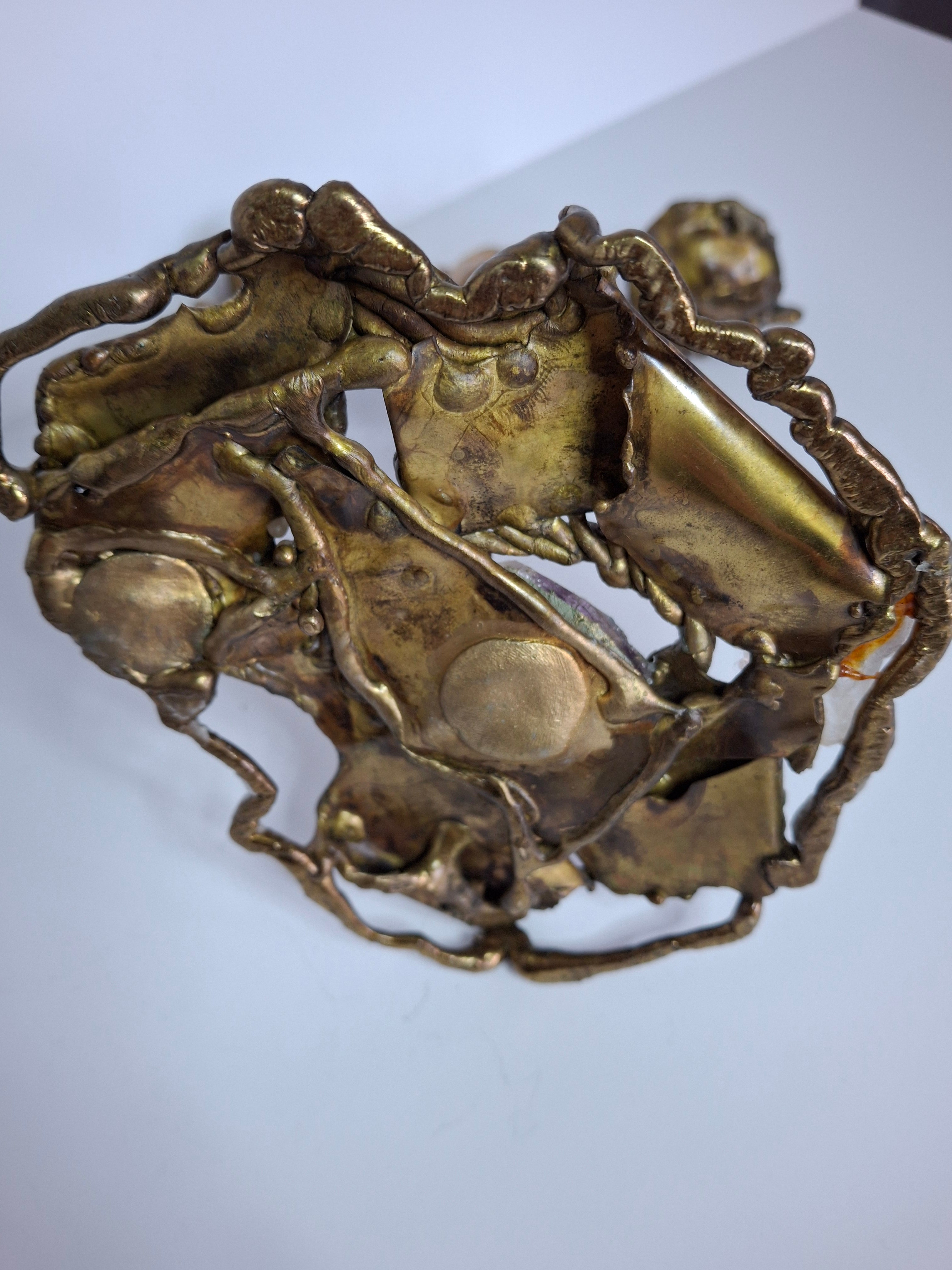 Vintage Folk Art Brass Shabbat Candlesticks with Lion Head, Amethyst & Quartz Crystals - Handmade Judaica Menorah, Mid-Century Arts & Crafts Style