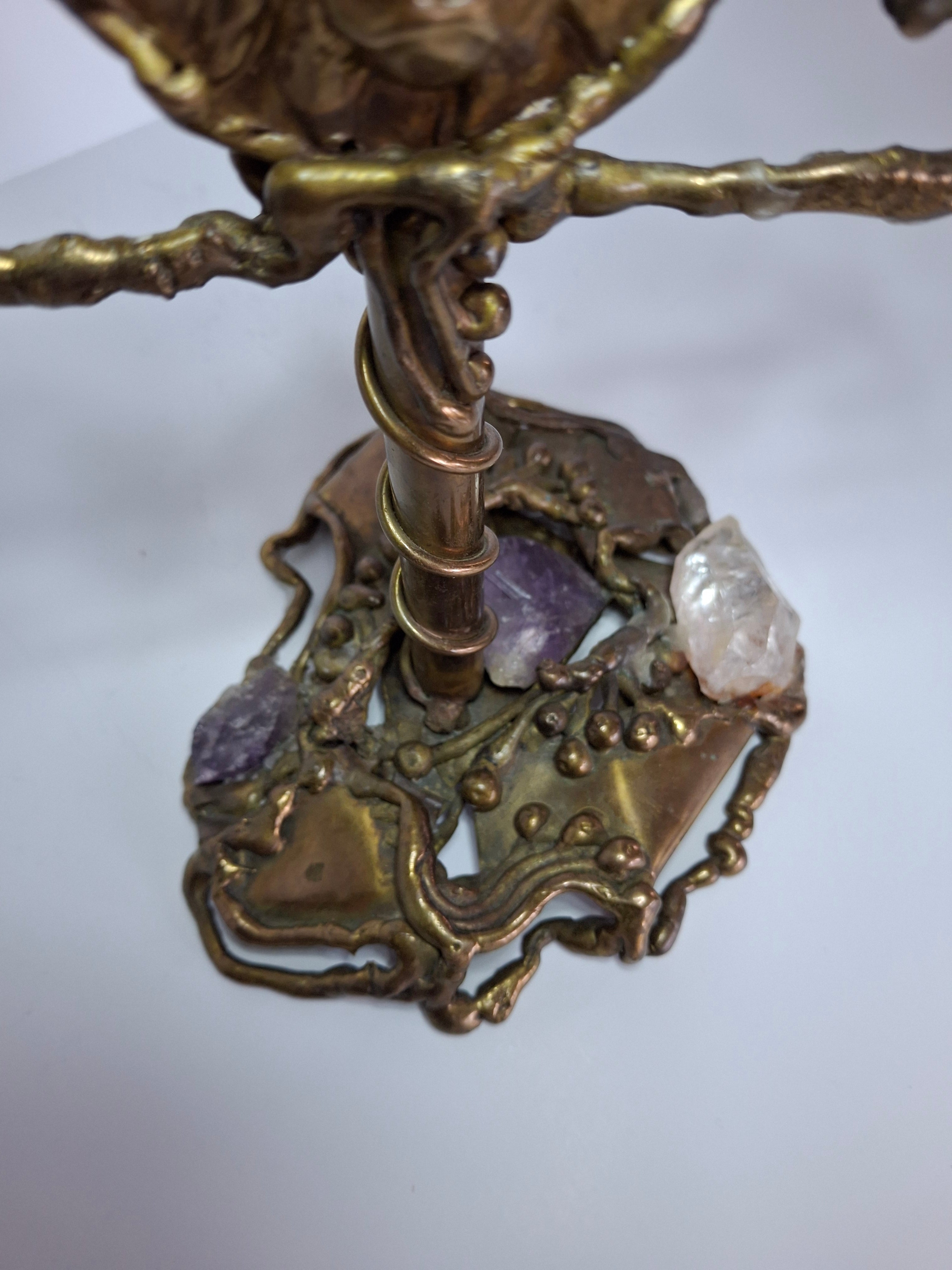 Vintage Folk Art Brass Shabbat Candlesticks with Lion Head, Amethyst & Quartz Crystals - Handmade Judaica Menorah, Mid-Century Arts & Crafts Style