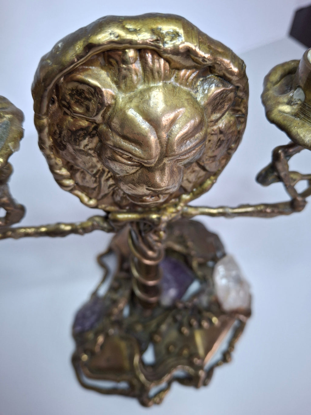 Vintage Folk Art Brass Shabbat Candlesticks with Lion Head, Amethyst & Quartz Crystals - Handmade Judaica Menorah, Mid-Century Arts & Crafts Style