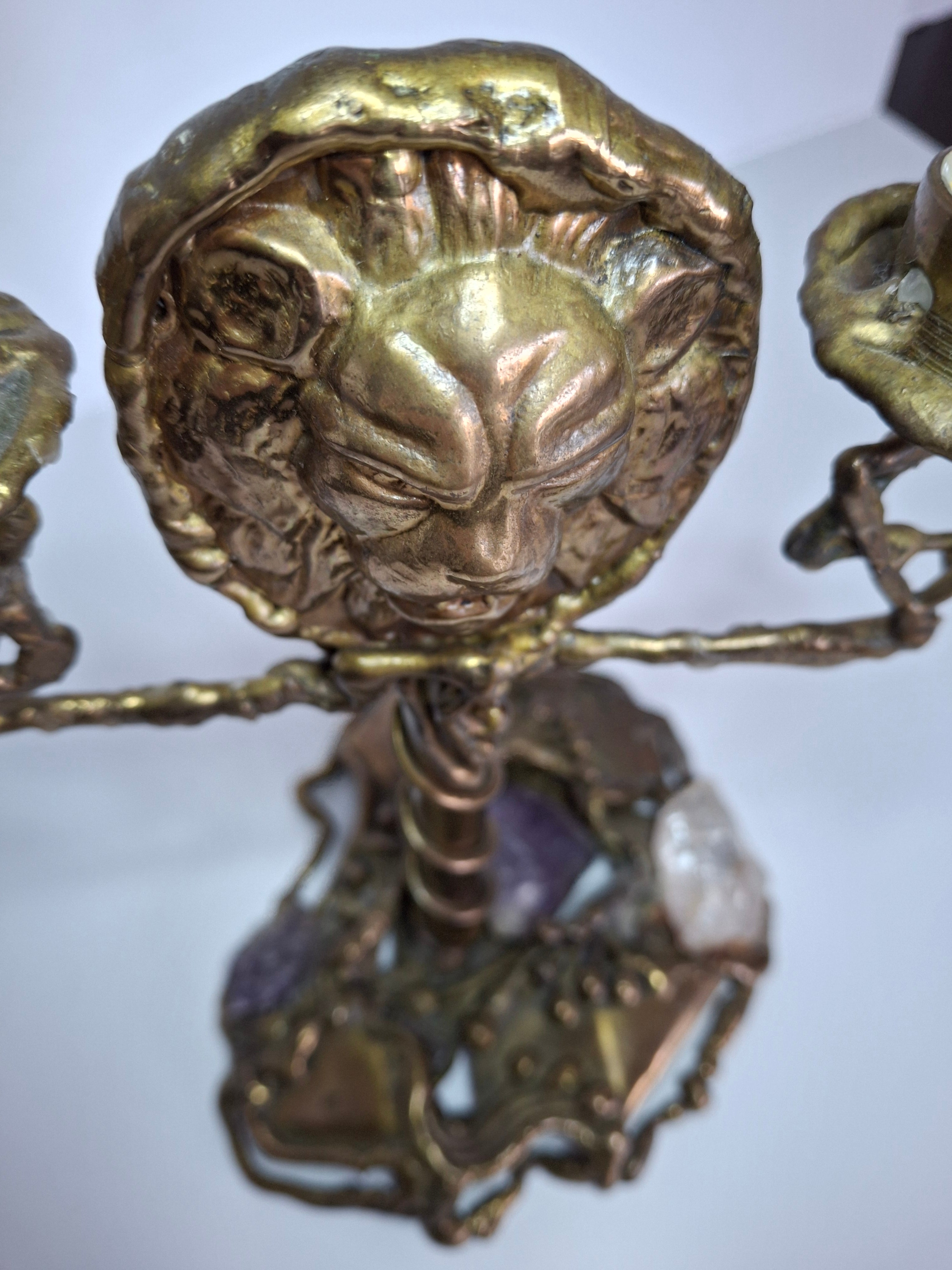 Vintage Folk Art Brass Shabbat Candlesticks with Lion Head, Amethyst & Quartz Crystals - Handmade Judaica Menorah, Mid-Century Arts & Crafts Style