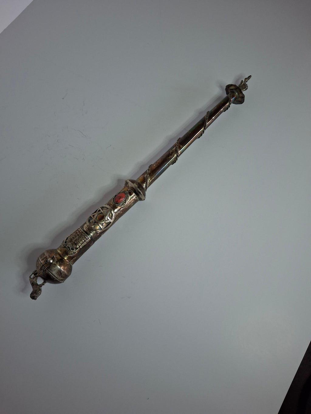 Museum Quality Antique Russian 84 Silver Judaica Torah Pointer Yad with Besamim Spice Holder, Lion Finial, Star of David, Ten Commandments, Red Stone, 1.9 oz, c. 1890