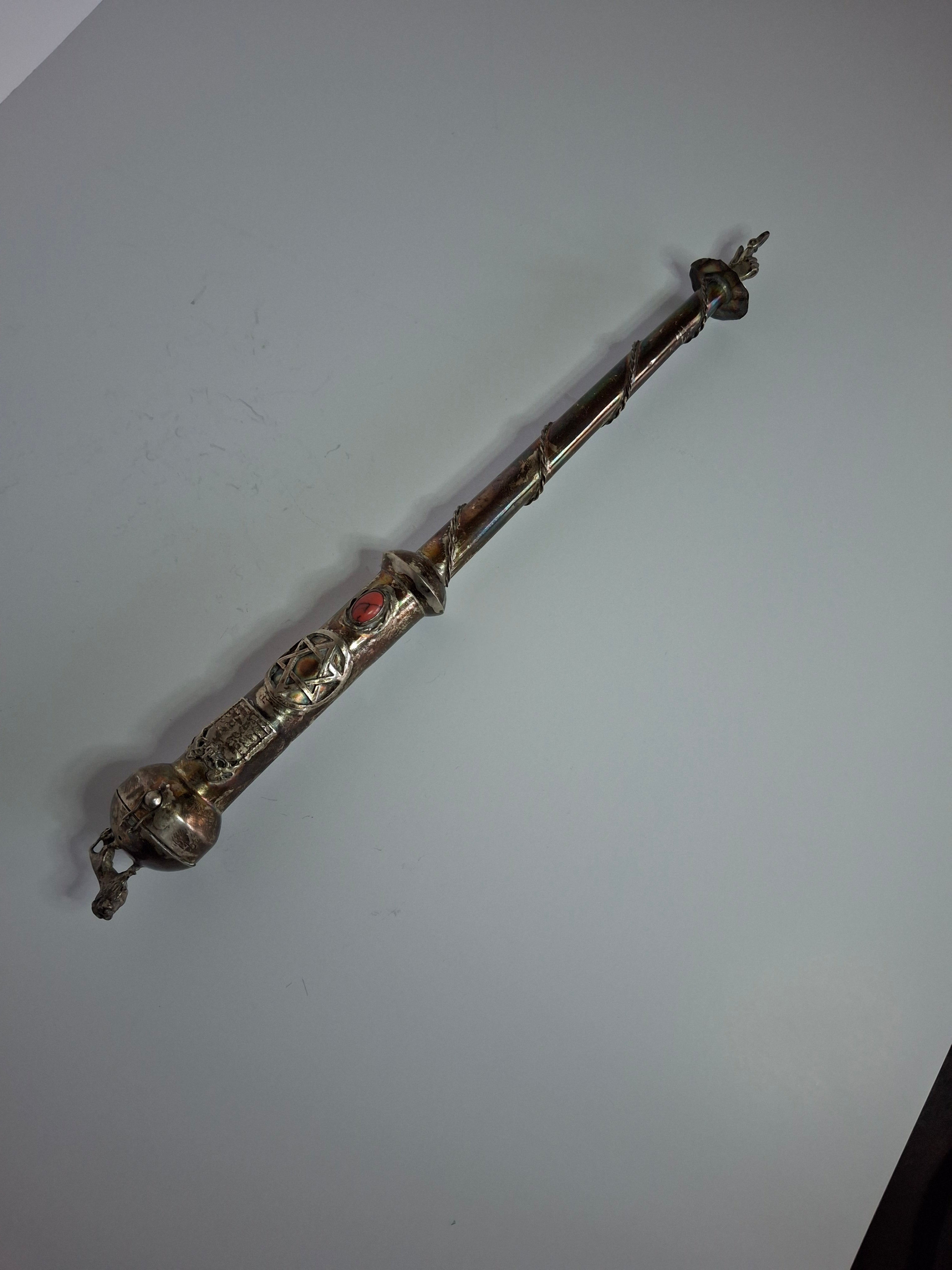 Museum Quality Antique Russian 84 Silver Judaica Torah Pointer Yad with Besamim Spice Holder, Lion Finial, Star of David, Ten Commandments, Red Stone, 1.9 oz, c. 1890