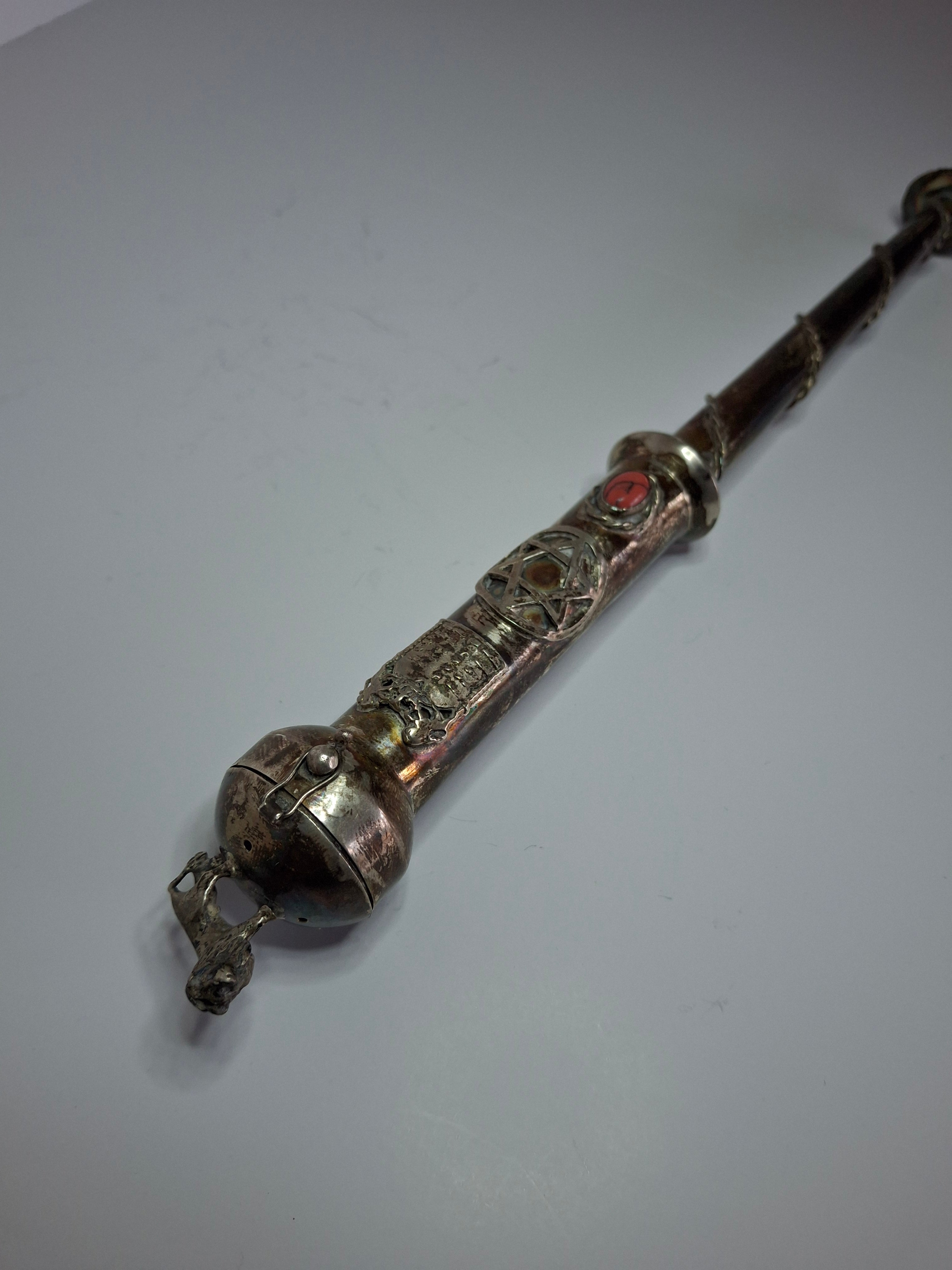 Museum Quality Antique Russian 84 Silver Judaica Torah Pointer Yad with Besamim Spice Holder, Lion Finial, Star of David, Ten Commandments, Red Stone, 1.9 oz, c. 1890