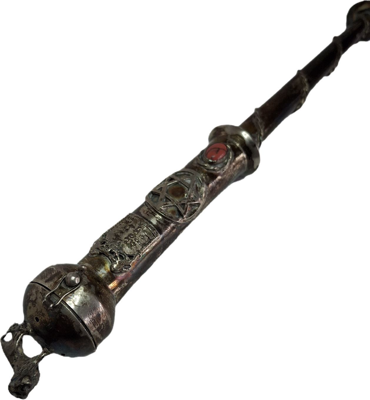 Museum Quality Antique Russian 84 Silver Judaica Torah Pointer Yad with Besamim Spice Holder, Lion Finial, Star of David, Ten Commandments, Red Stone, 1.9 oz, c. 1890