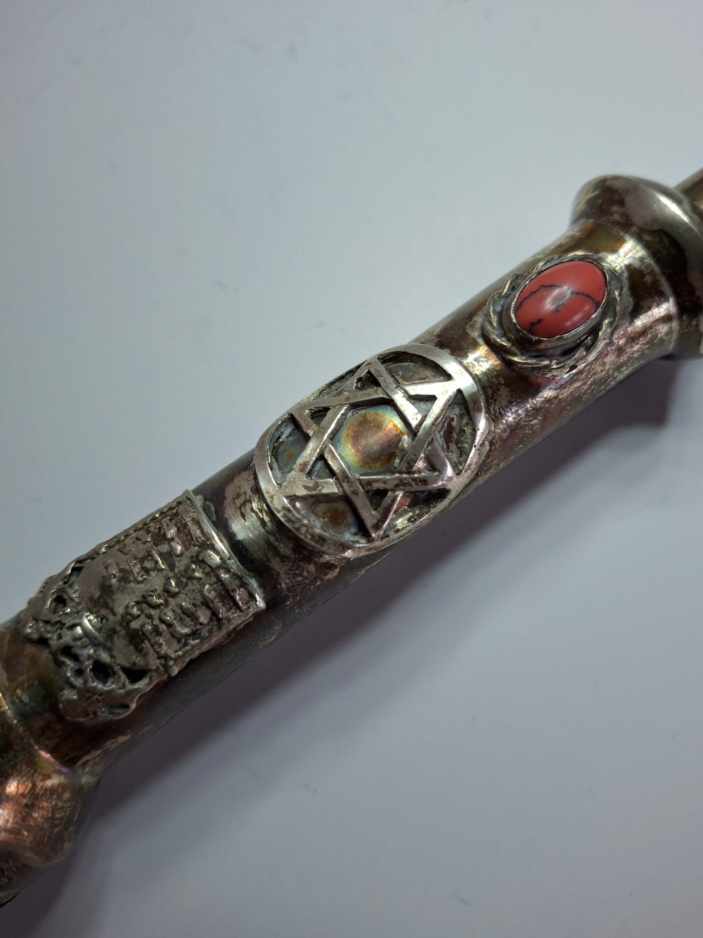 Museum Quality Antique Russian 84 Silver Judaica Torah Pointer Yad with Besamim Spice Holder, Lion Finial, Star of David, Ten Commandments, Red Stone, 1.9 oz, c. 1890