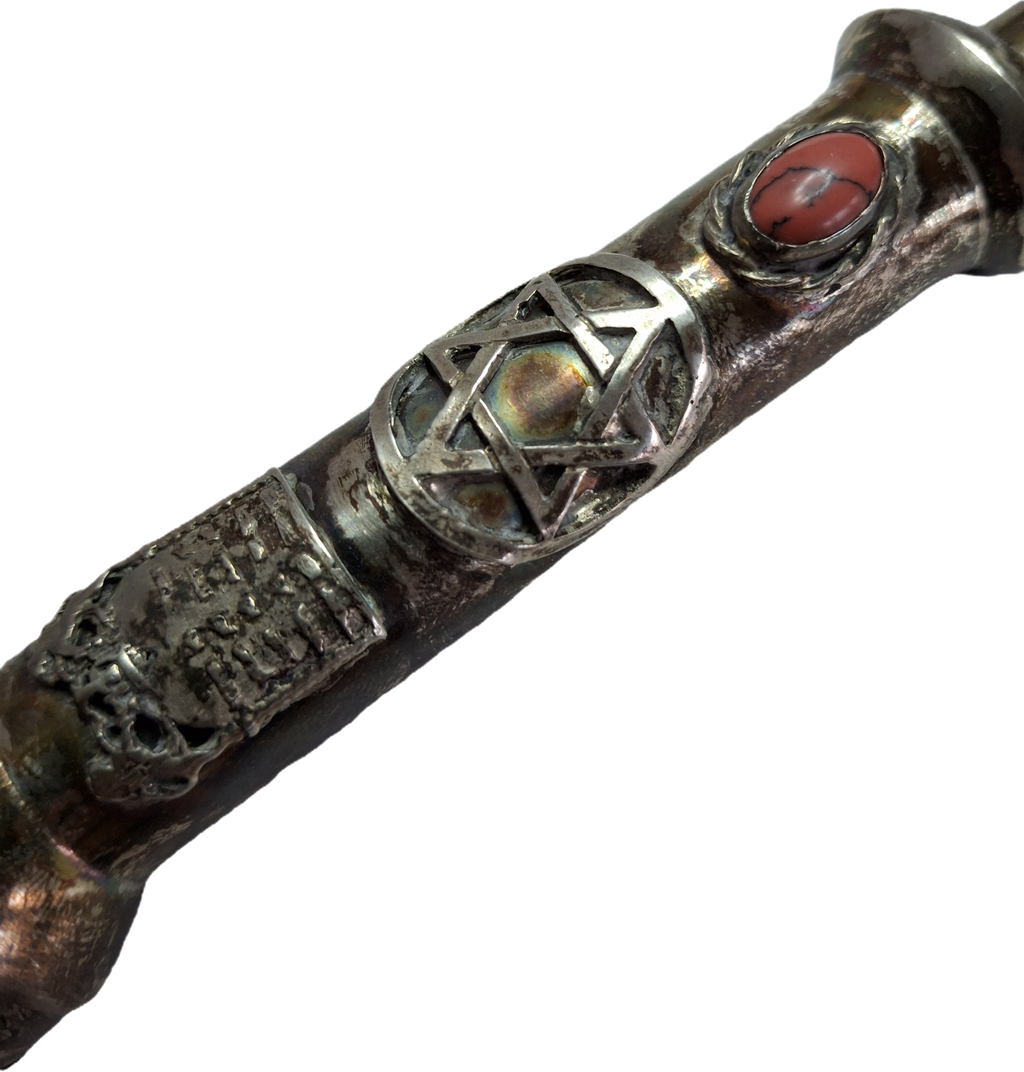 Museum Quality Antique Russian 84 Silver Judaica Torah Pointer Yad with Besamim Spice Holder, Lion Finial, Star of David, Ten Commandments, Red Stone, 1.9 oz, c. 1890