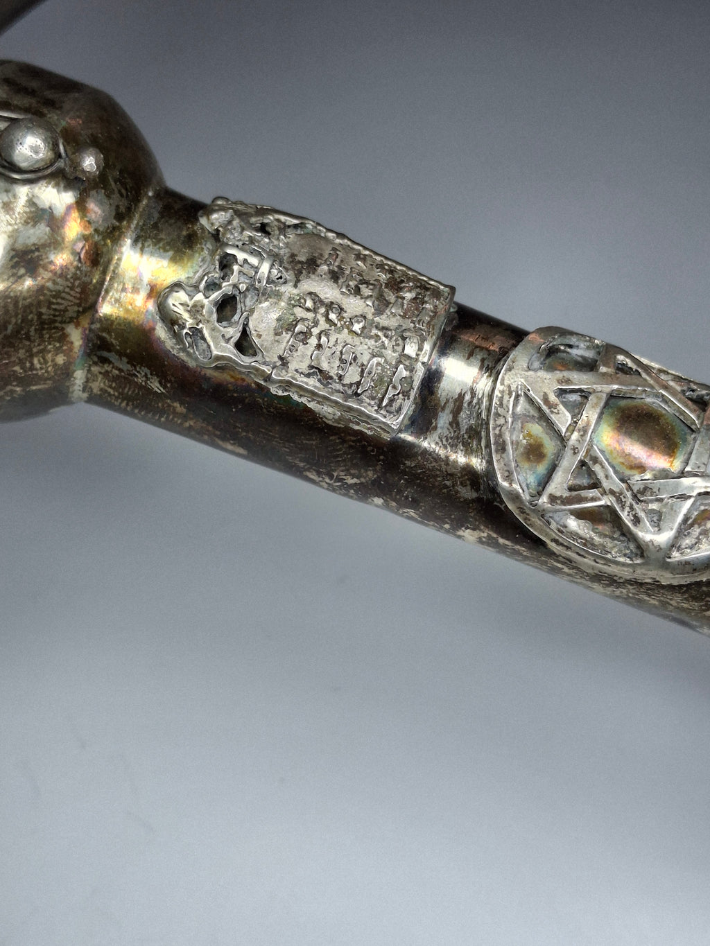 Museum Quality Antique Russian 84 Silver Judaica Torah Pointer Yad with Besamim Spice Holder, Lion Finial, Star of David, Ten Commandments, Red Stone, 1.9 oz, c. 1890