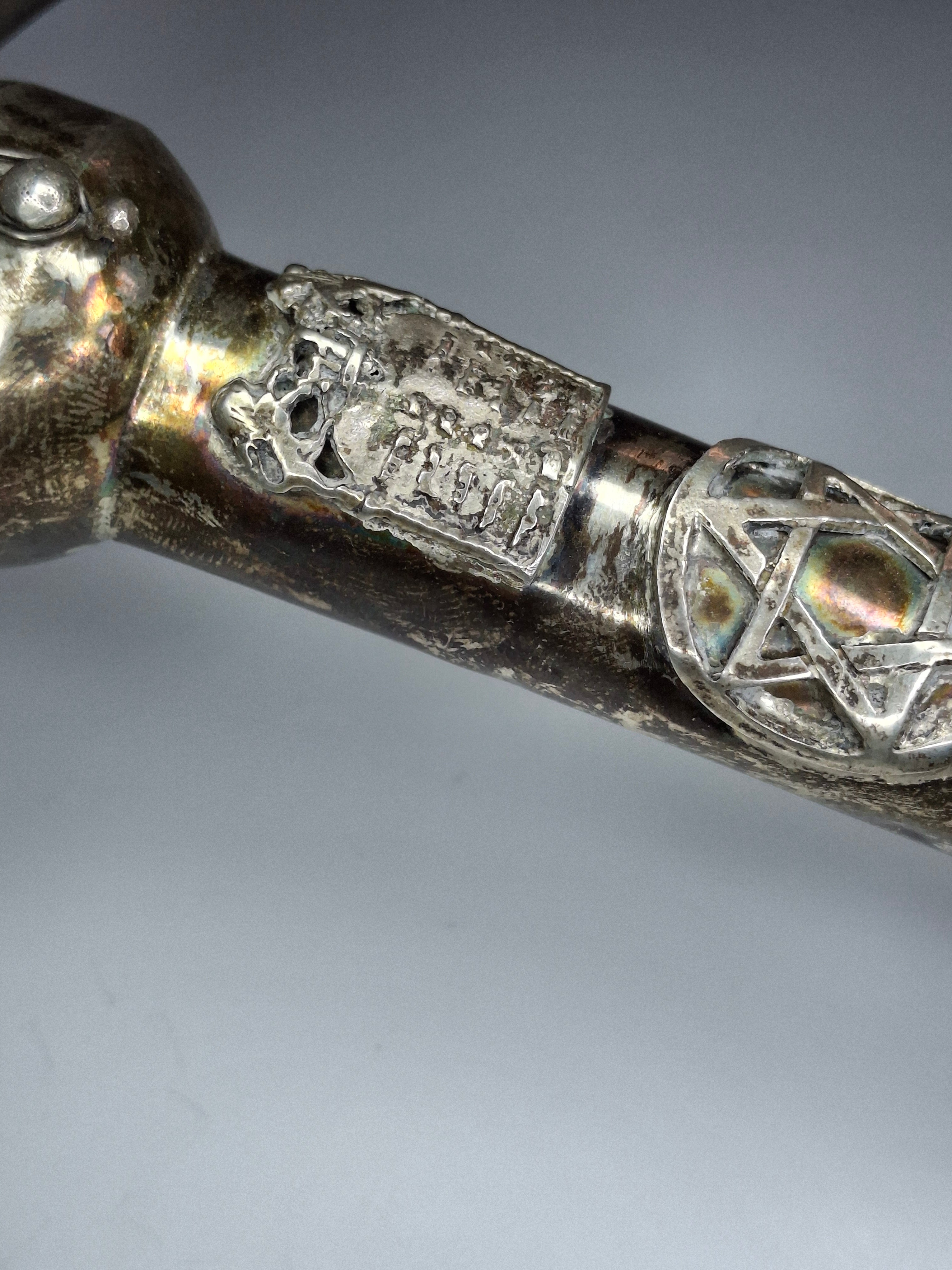 Museum Quality Antique Russian 84 Silver Judaica Torah Pointer Yad with Besamim Spice Holder, Lion Finial, Star of David, Ten Commandments, Red Stone, 1.9 oz, c. 1890