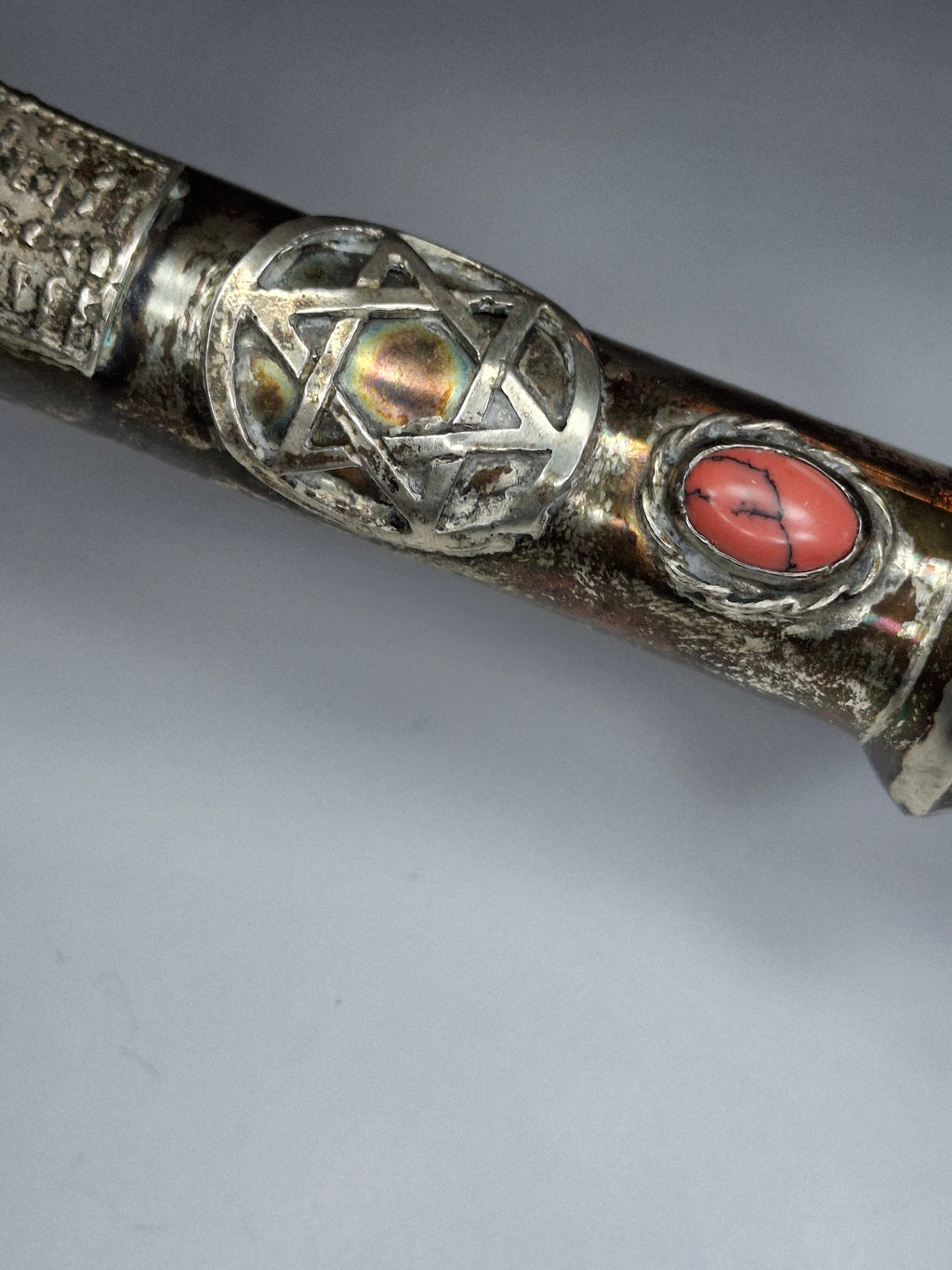 Museum Quality Antique Russian 84 Silver Judaica Torah Pointer Yad with Besamim Spice Holder, Lion Finial, Star of David, Ten Commandments, Red Stone, 1.9 oz, c. 1890