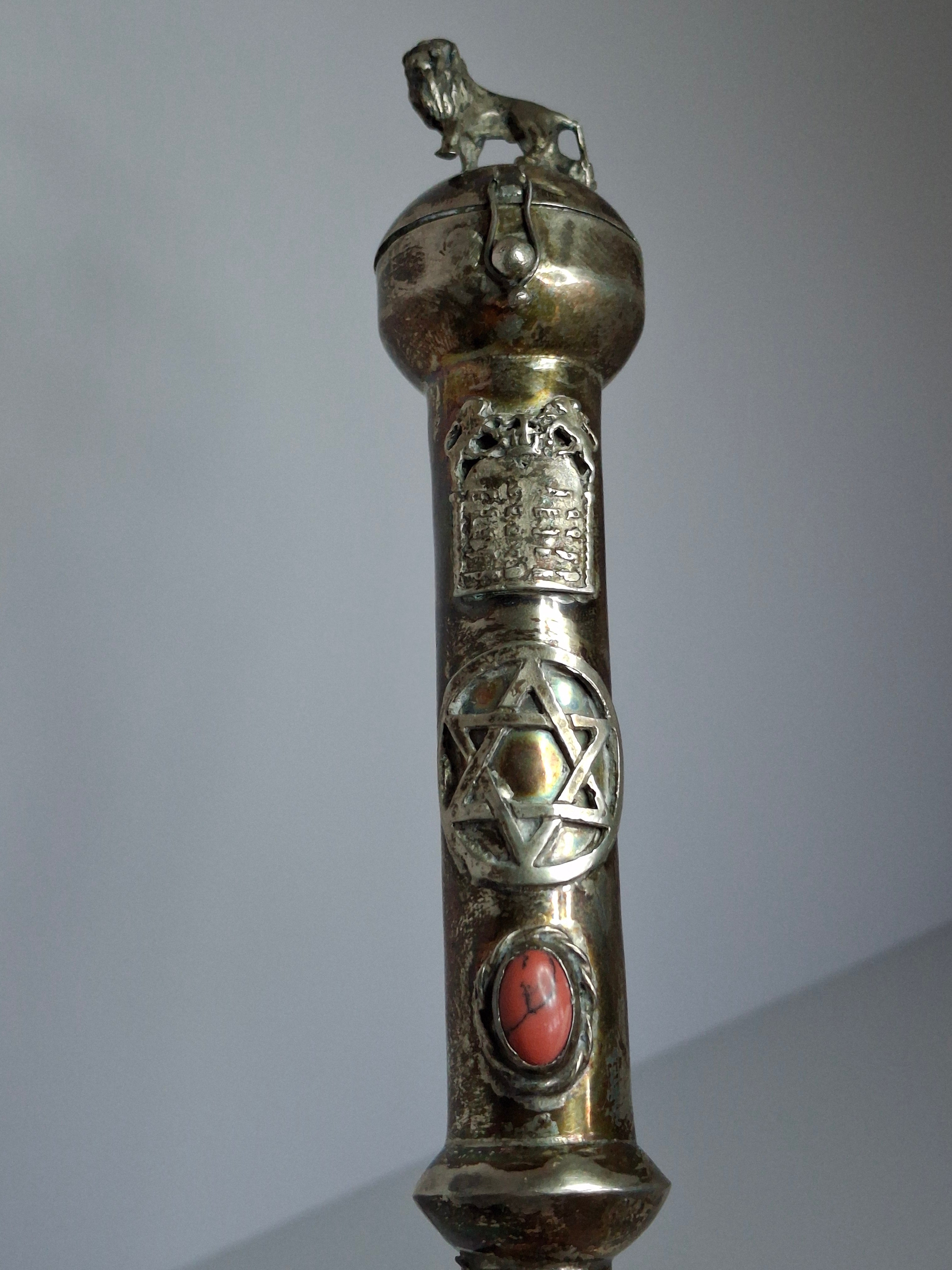 Museum Quality Antique Russian 84 Silver Judaica Torah Pointer Yad with Besamim Spice Holder, Lion Finial, Star of David, Ten Commandments, Red Stone, 1.9 oz, c. 1890