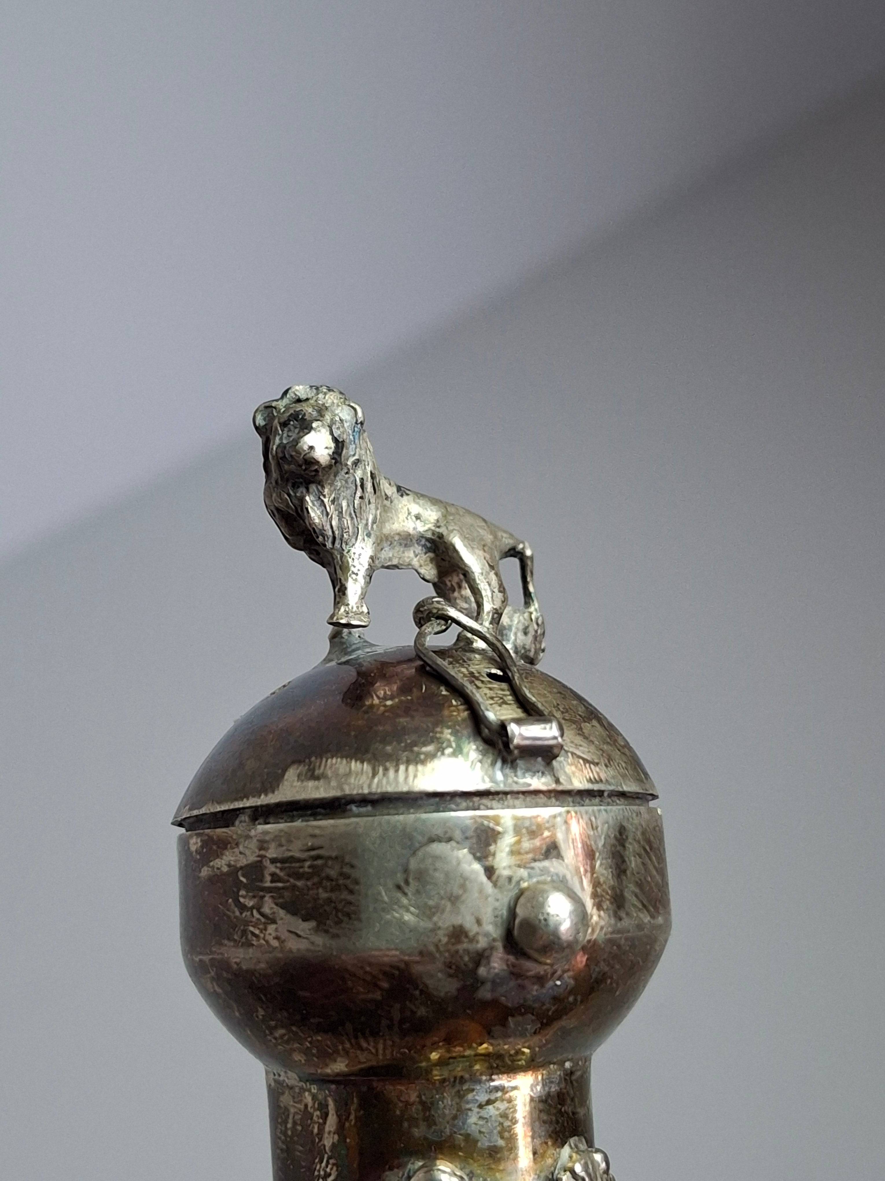 Museum Quality Antique Russian 84 Silver Judaica Torah Pointer Yad with Besamim Spice Holder, Lion Finial, Star of David, Ten Commandments, Red Stone, 1.9 oz, c. 1890