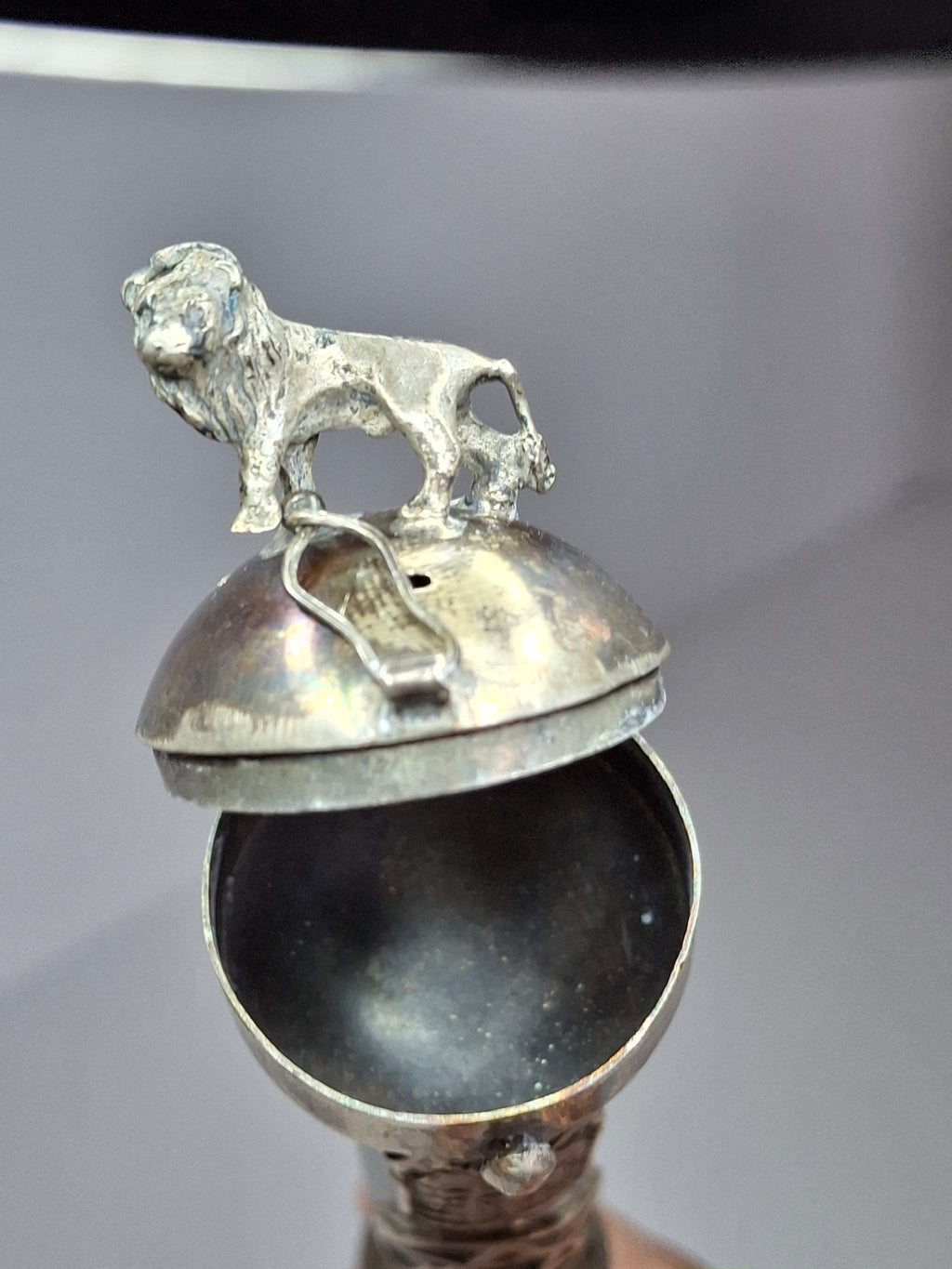 Museum Quality Antique Russian 84 Silver Judaica Torah Pointer Yad with Besamim Spice Holder, Lion Finial, Star of David, Ten Commandments, Red Stone, 1.9 oz, c. 1890