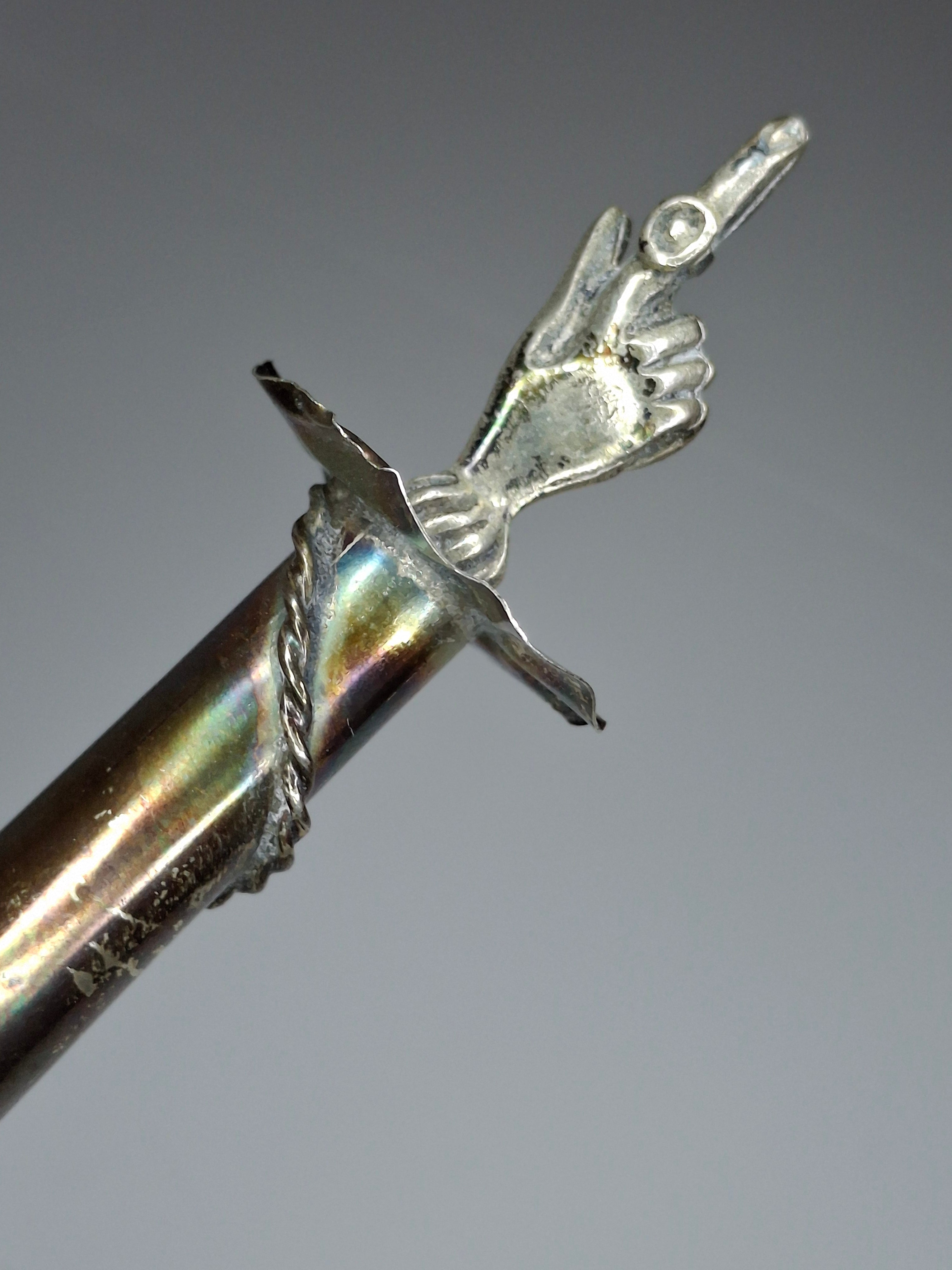 Museum Quality Antique Russian 84 Silver Judaica Torah Pointer Yad with Besamim Spice Holder, Lion Finial, Star of David, Ten Commandments, Red Stone, 1.9 oz, c. 1890