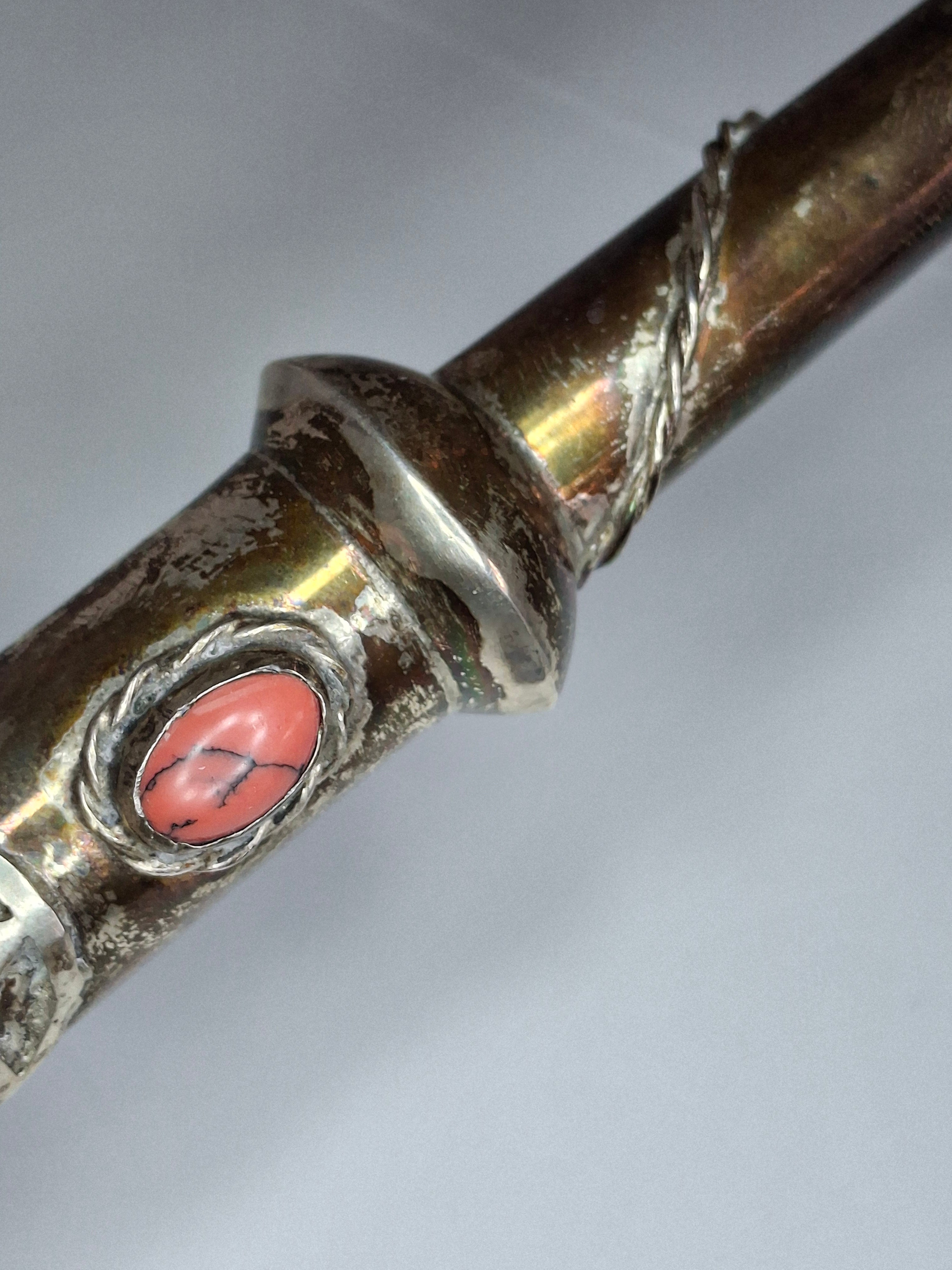 Museum Quality Antique Russian 84 Silver Judaica Torah Pointer Yad with Besamim Spice Holder, Lion Finial, Star of David, Ten Commandments, Red Stone, 1.9 oz, c. 1890