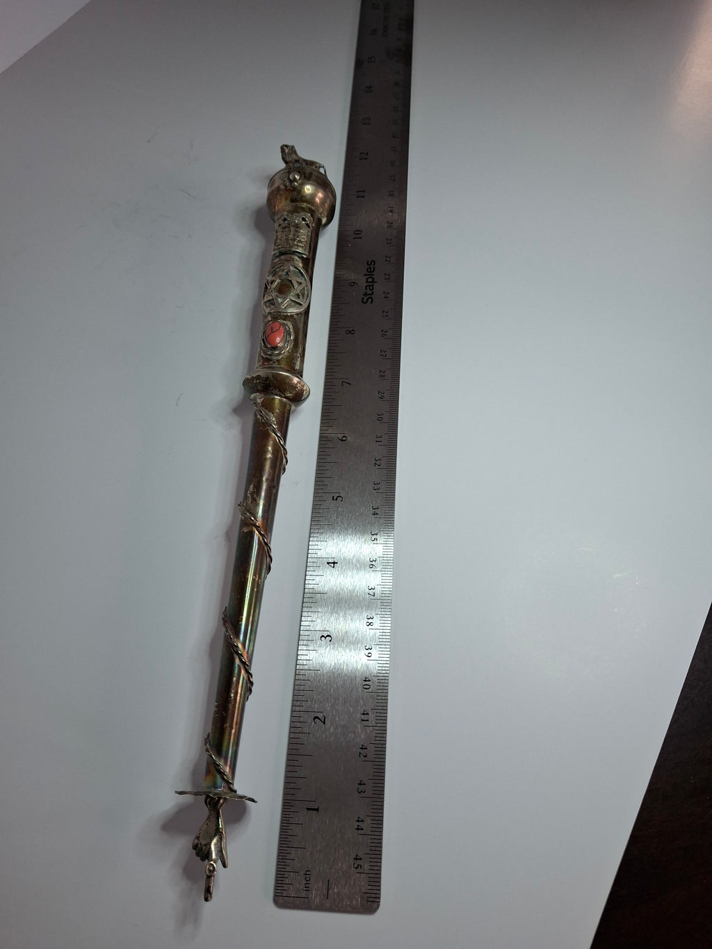 Museum Quality Antique Russian 84 Silver Judaica Torah Pointer Yad with Besamim Spice Holder, Lion Finial, Star of David, Ten Commandments, Red Stone, 1.9 oz, c. 1890