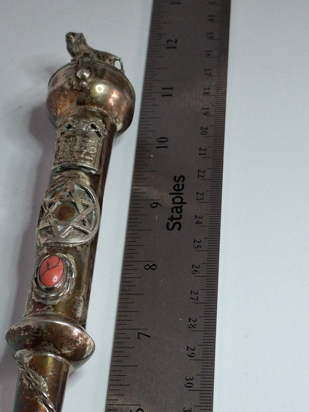 Museum Quality Antique Russian 84 Silver Judaica Torah Pointer Yad with Besamim Spice Holder, Lion Finial, Star of David, Ten Commandments, Red Stone, 1.9 oz, c. 1890