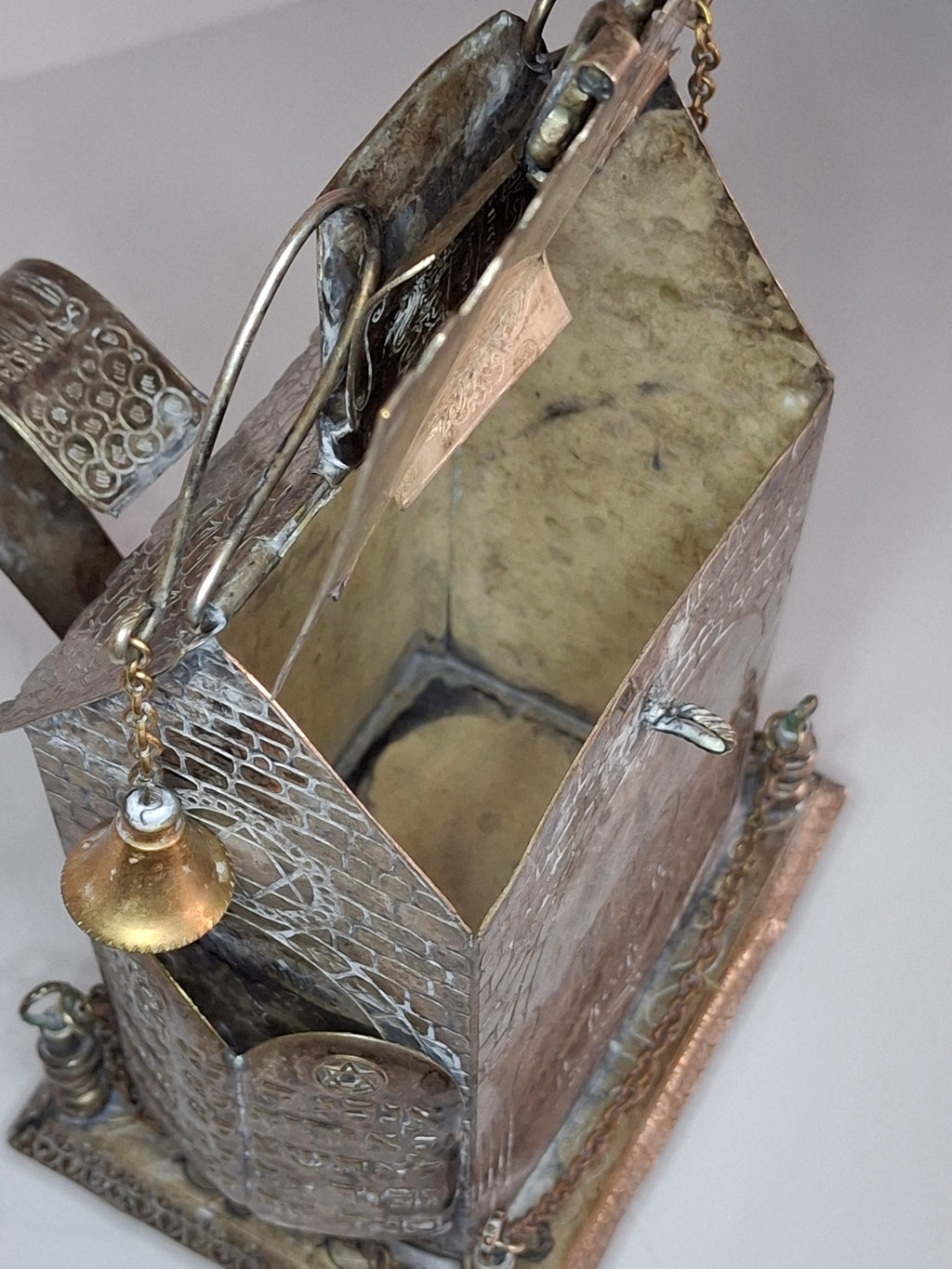 Beautiful and Rare Antique Tzedakah Charity Box Synagogue Shape - Silver Plated, Ten Commandments, Menorah, Hebrew Inscriptions