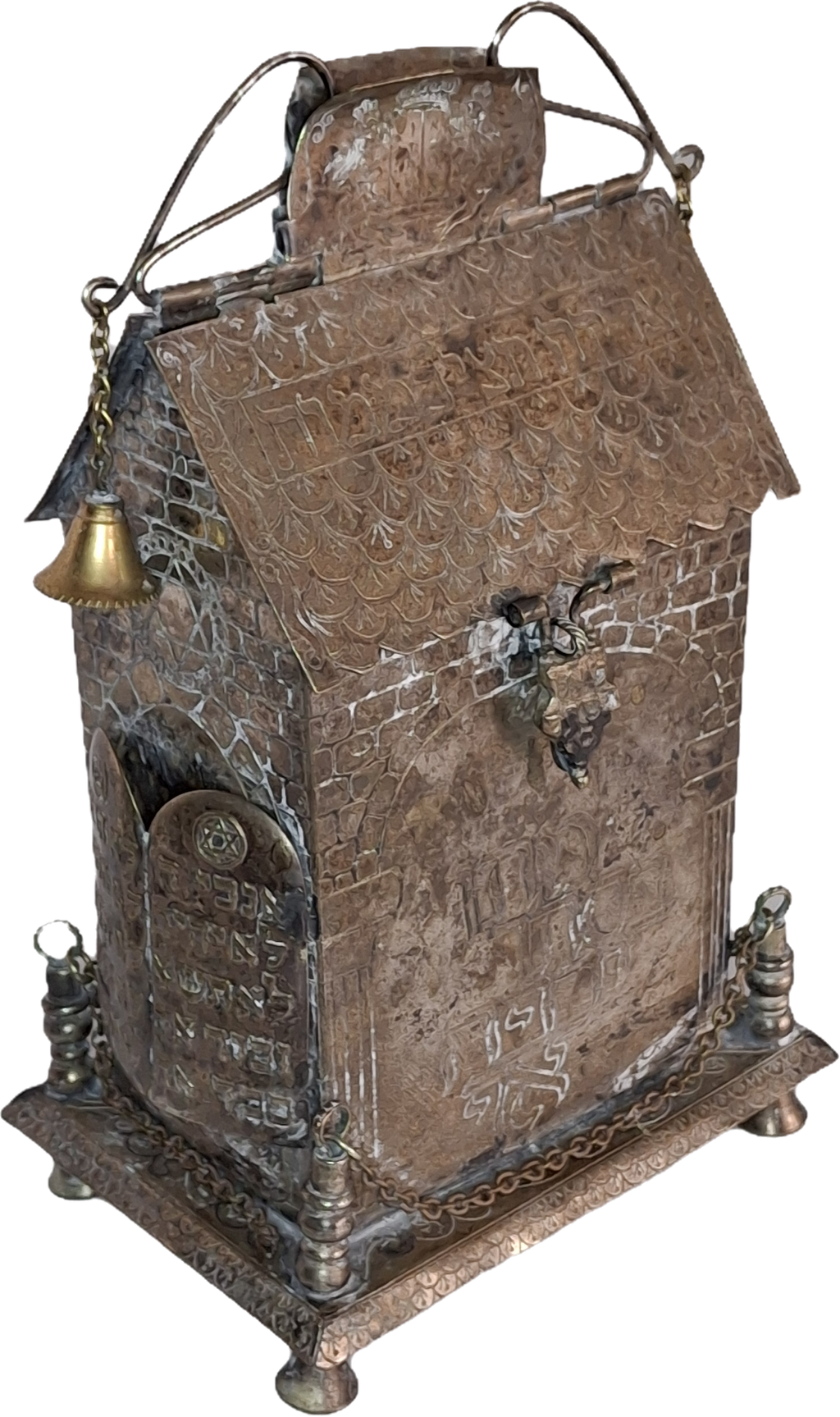 Beautiful and Rare Antique Tzedakah Charity Box Synagogue Shape - Silver Plated, Ten Commandments, Menorah, Hebrew Inscriptions