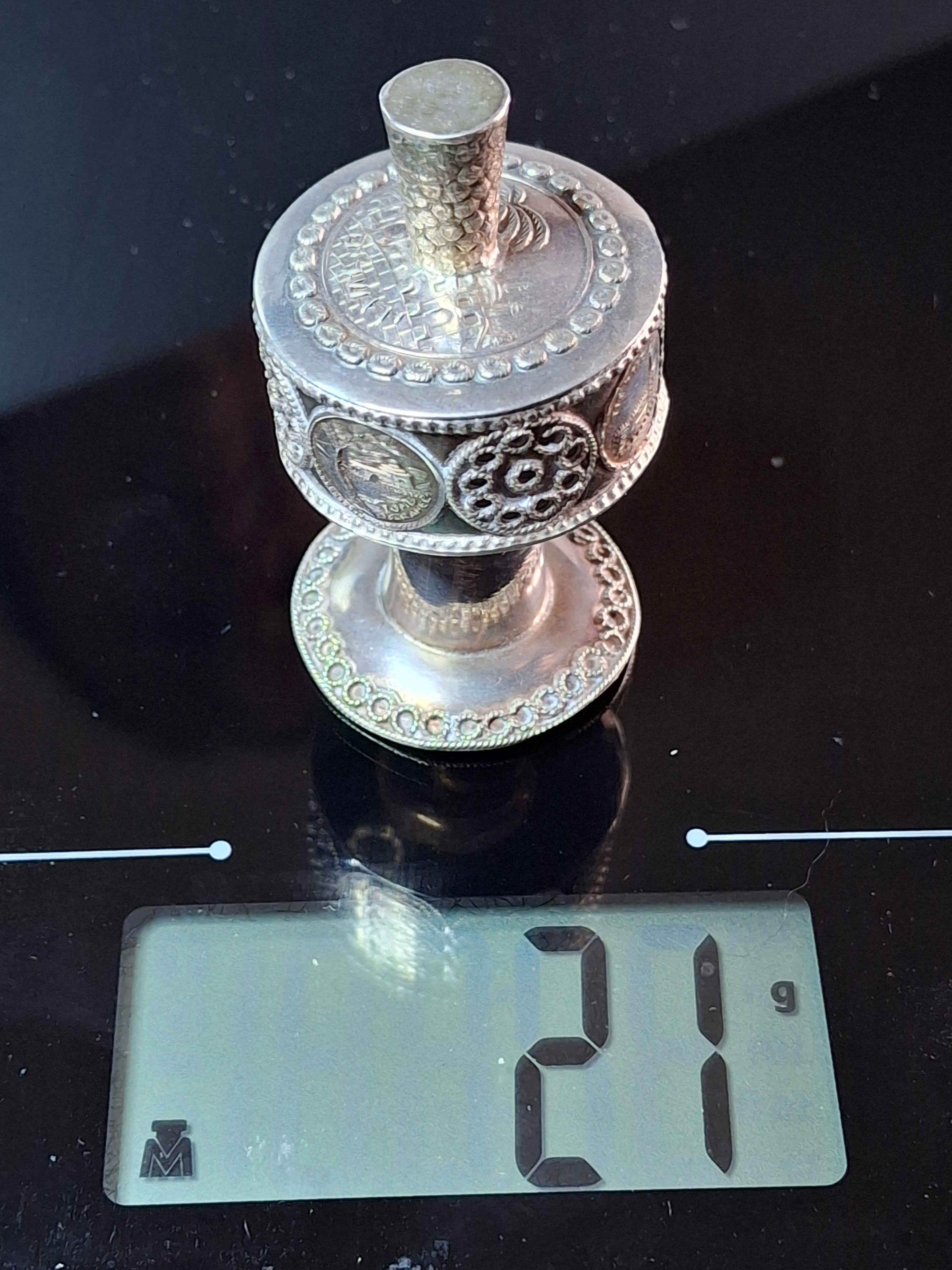 Vintage Israeli Judaica Silver Besamim Spice Tower Havdalah Box - Holy Sites Engravings Filigree 20g Unmarked