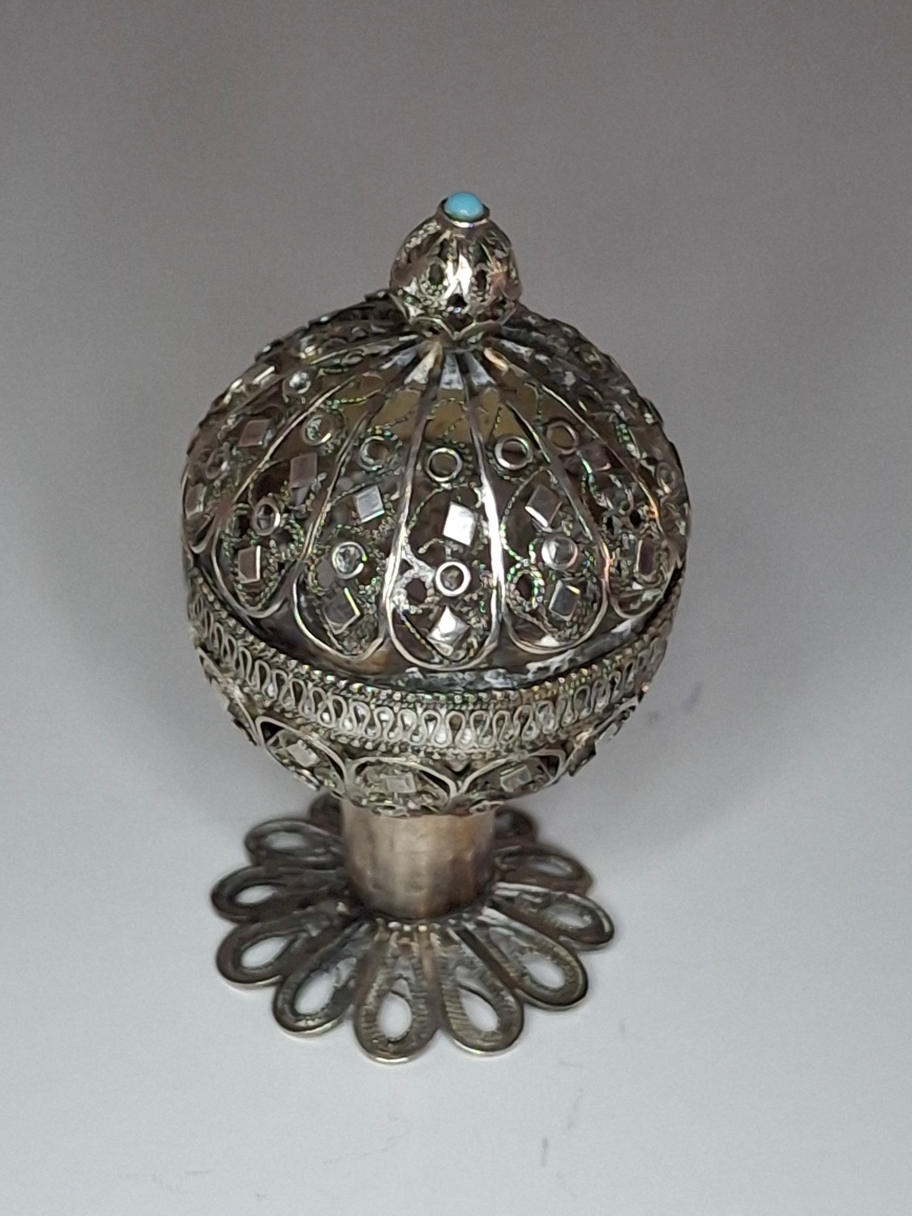 Antique Filigree Silver Besamim Spice Box with Turquoise Stone - 19th Century Judaica