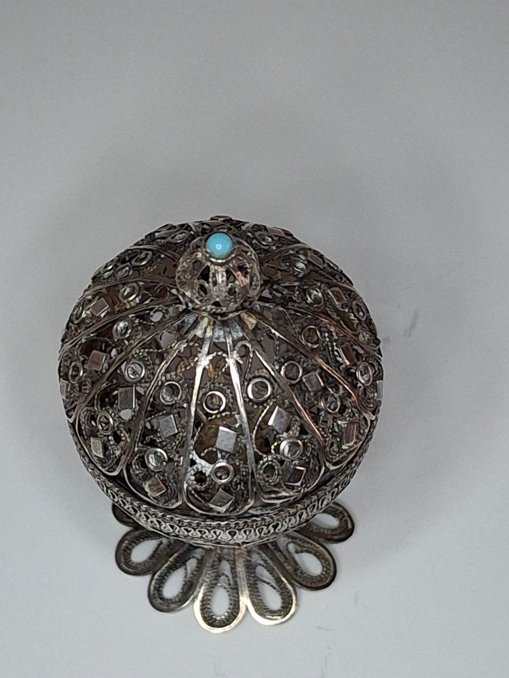 Antique Filigree Silver Besamim Spice Box with Turquoise Stone - 19th Century Judaica