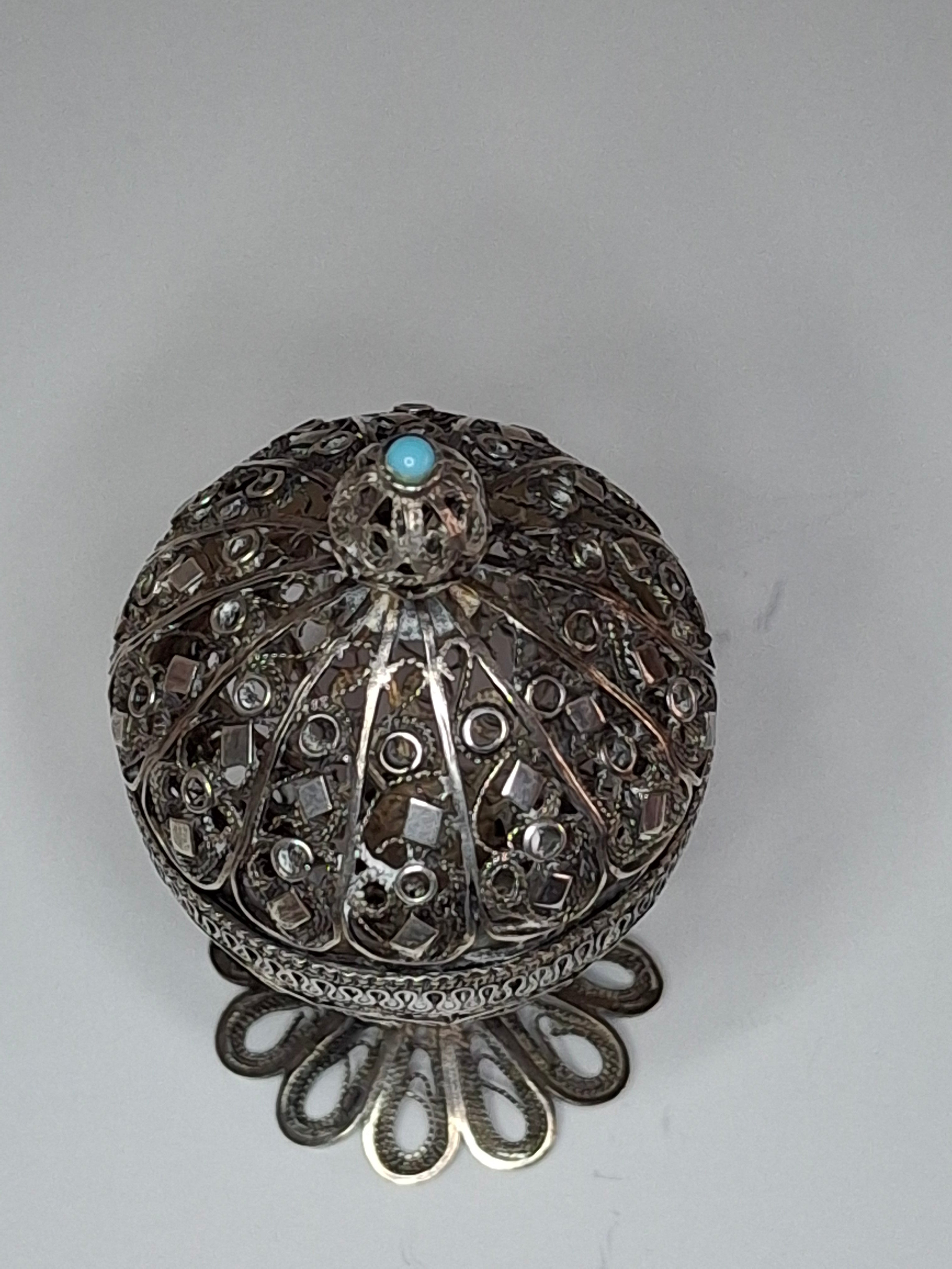 Antique Filigree Silver Besamim Spice Box with Turquoise Stone - 19th Century Judaica