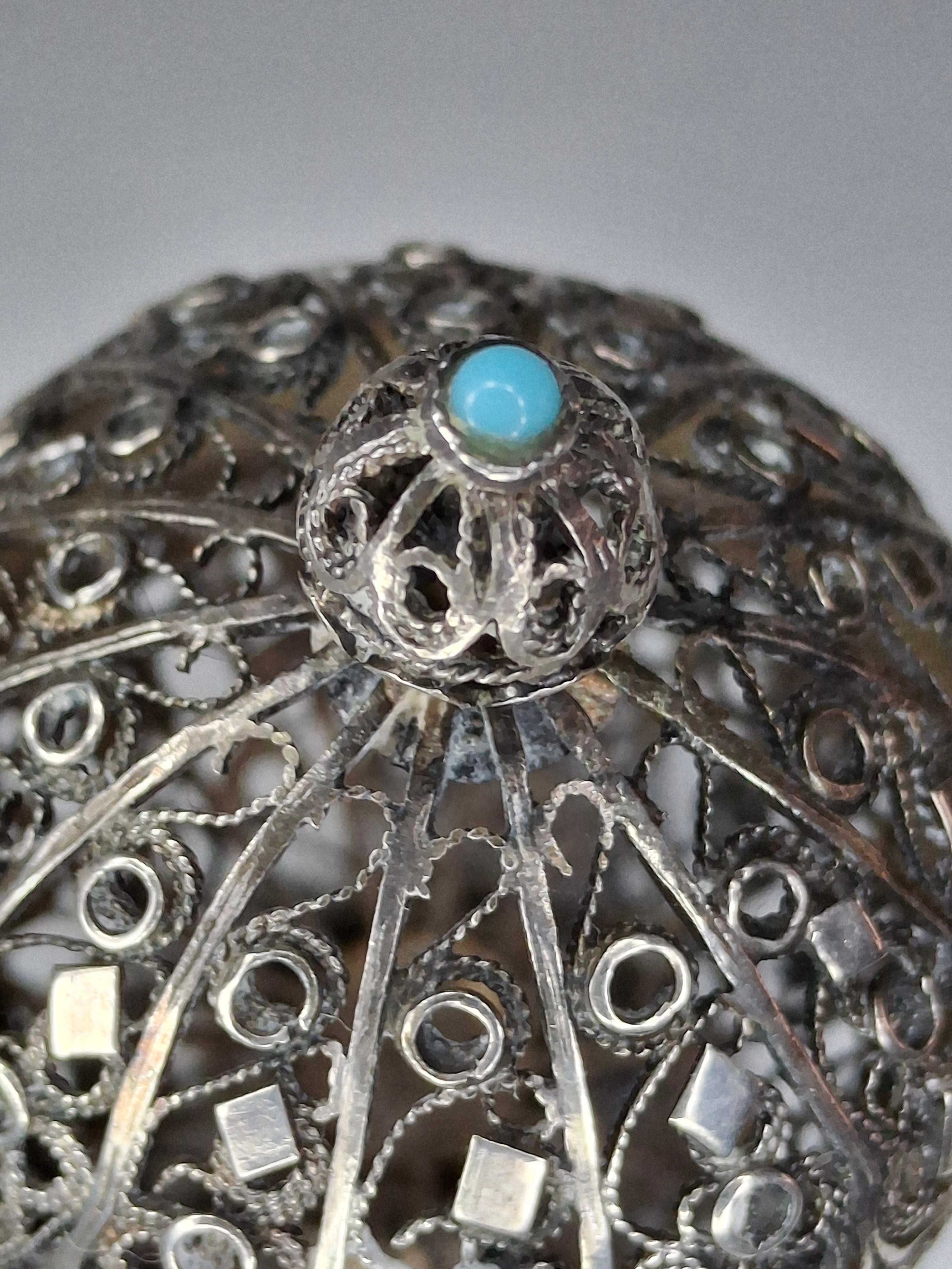 Antique Filigree Silver Besamim Spice Box with Turquoise Stone - 19th Century Judaica