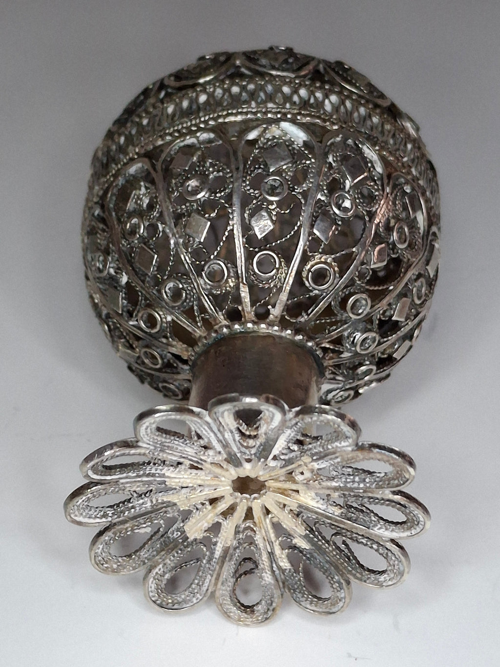 Antique Filigree Silver Besamim Spice Box with Turquoise Stone - 19th Century Judaica