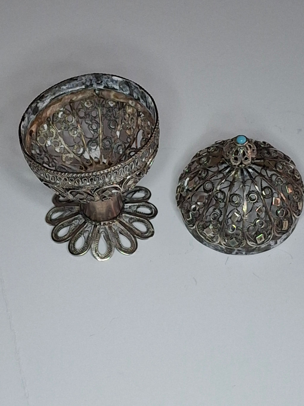 Antique Filigree Silver Besamim Spice Box with Turquoise Stone - 19th Century Judaica