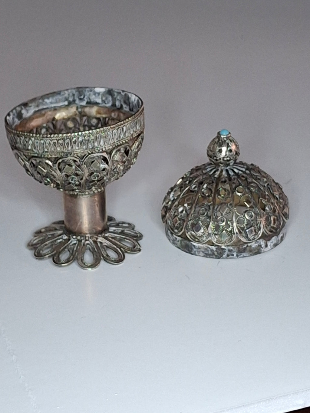 Antique Filigree Silver Besamim Spice Box with Turquoise Stone - 19th Century Judaica